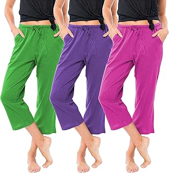 Sexy Basics Women's 3 Pack Soft Flex-Cotton Knit Pajama Pants/Lounge Pants/Sleep Pants - Capri -Yoga Style Pant