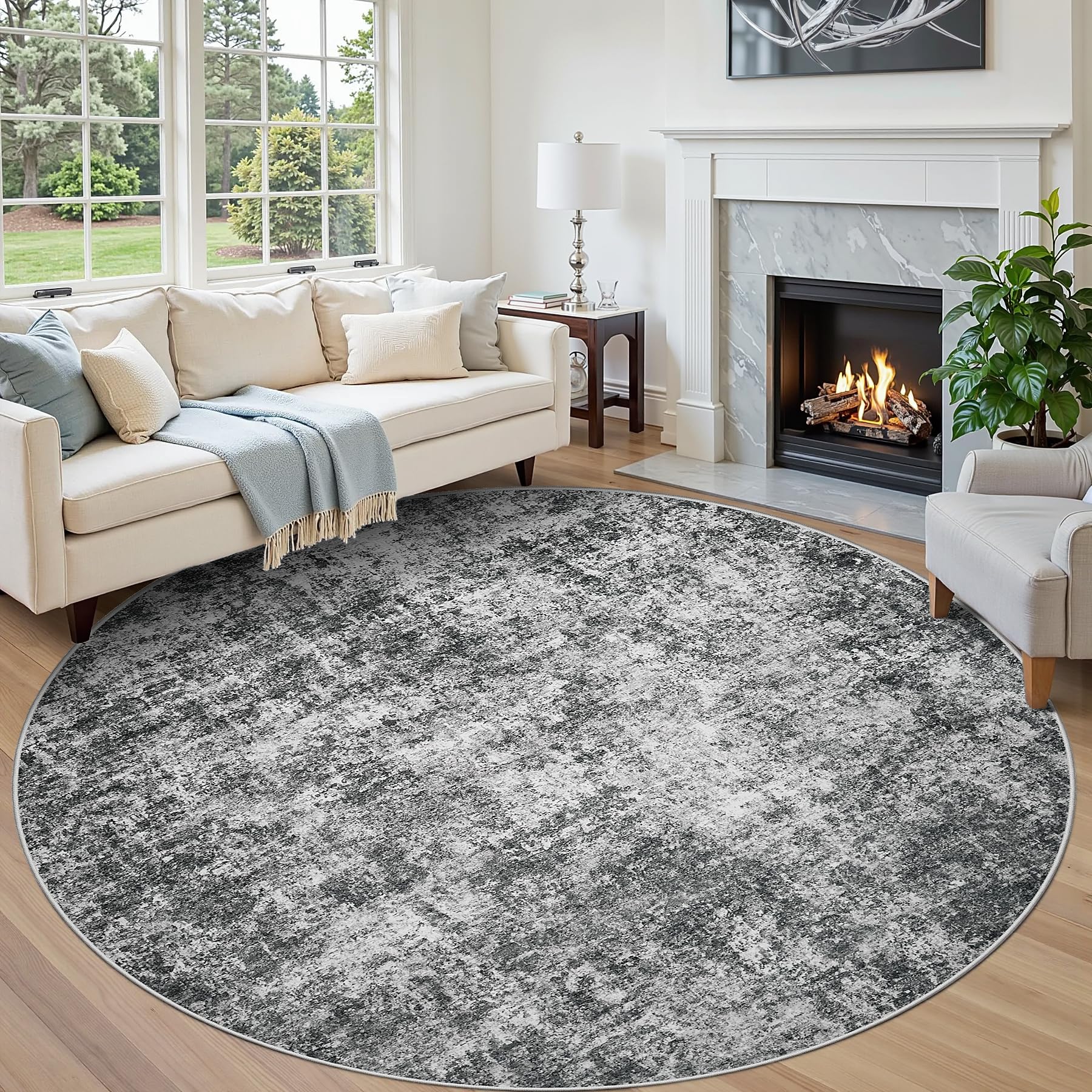Aelenmu Round Rug 8ft Washable Rug for Dining Room Living Room Black Grey — image 1