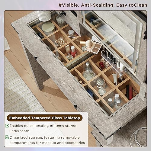 Miniatura 10 de T4TREAM Escritorio de maquillaje de granja con espejo deslizante y luces, mesa de tocador blanca de 31.2 pulgadas con 2 cajones y estantes, juego de