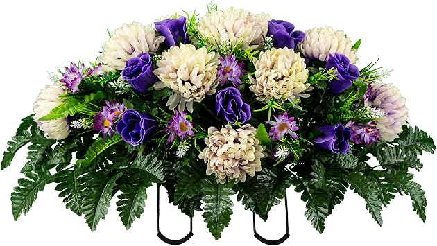 Sympathy Silks Artificial Cemetery Flowers Realistic Vibrant Roses, Outdoor Grave Decorations - Non-Bleed Colors, and Easy Fit - 1 Lavender Cream Mum and Purple Rose Saddle for Headstone