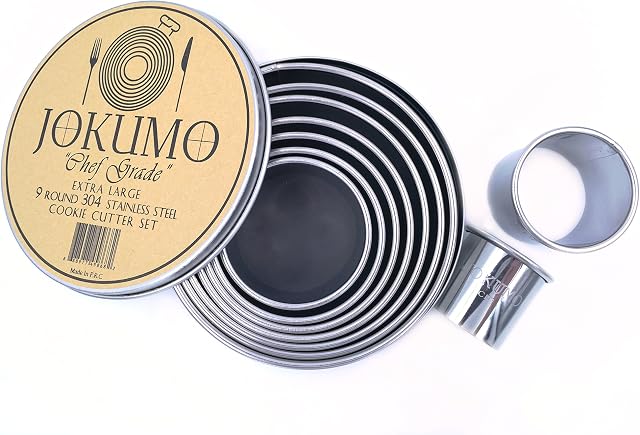 JOKUMO 9 Piece Extra Large Chef Grade Plain Round Pastry / Cookie Cutter Set - Extra Thick Premium 18/8 304 Stainless Steel - Marked Size for Professional Chefs and Ambitious Home Cooks