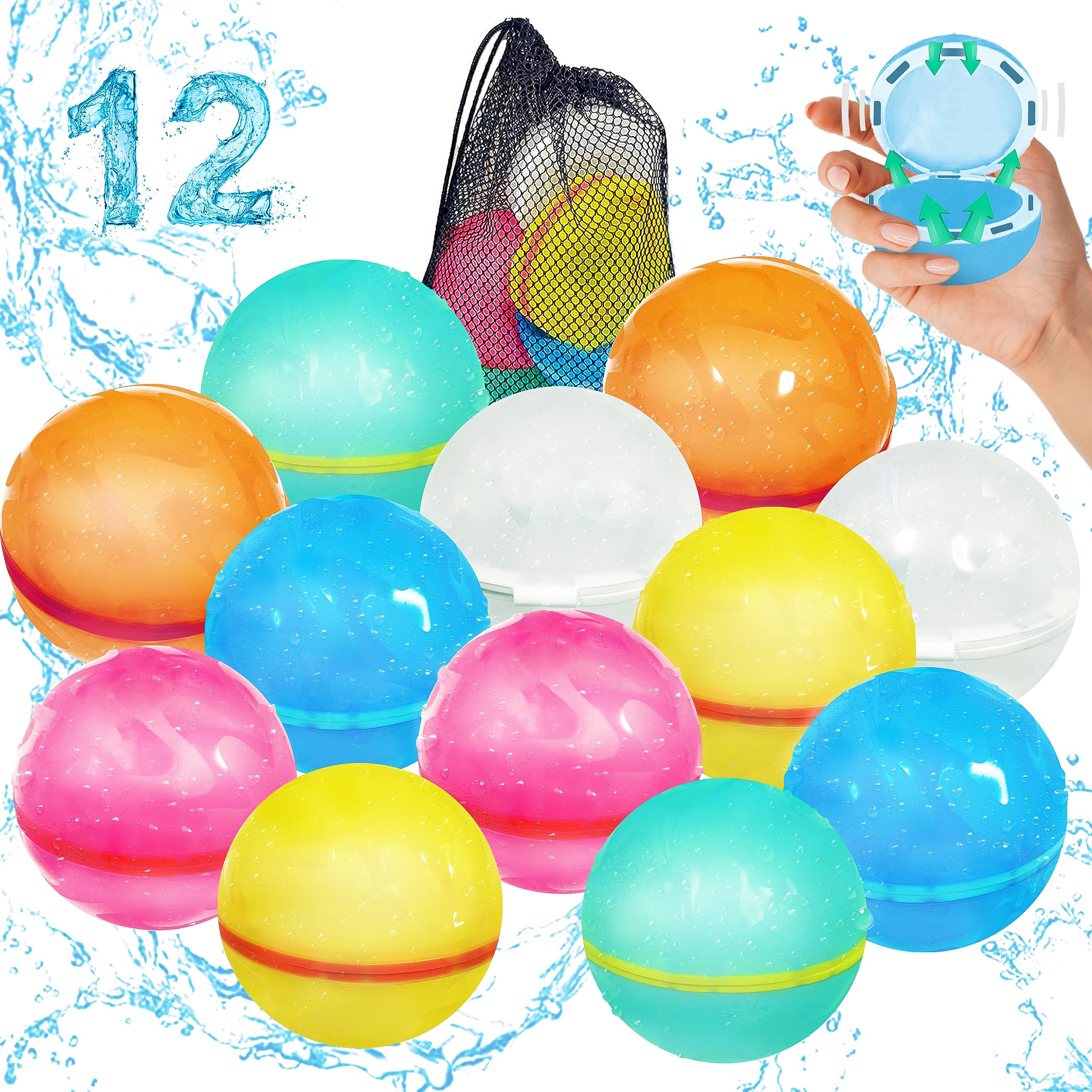 BambiboReusable Water Balloons for Kids - Pack of 12 | Anti Slip, Pool Party Splash Balls | Mesh Bag | Quick Fill Magnetic Balls | Refillable Water Balloons for Kids Ages 4-8