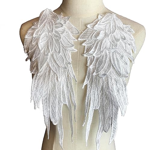 Heyiwell 1 par de apliques de encaje de alas de ángel para coser para bodas, ropa de vestir, jeans, accesorio de bricolaje, grande, blanco