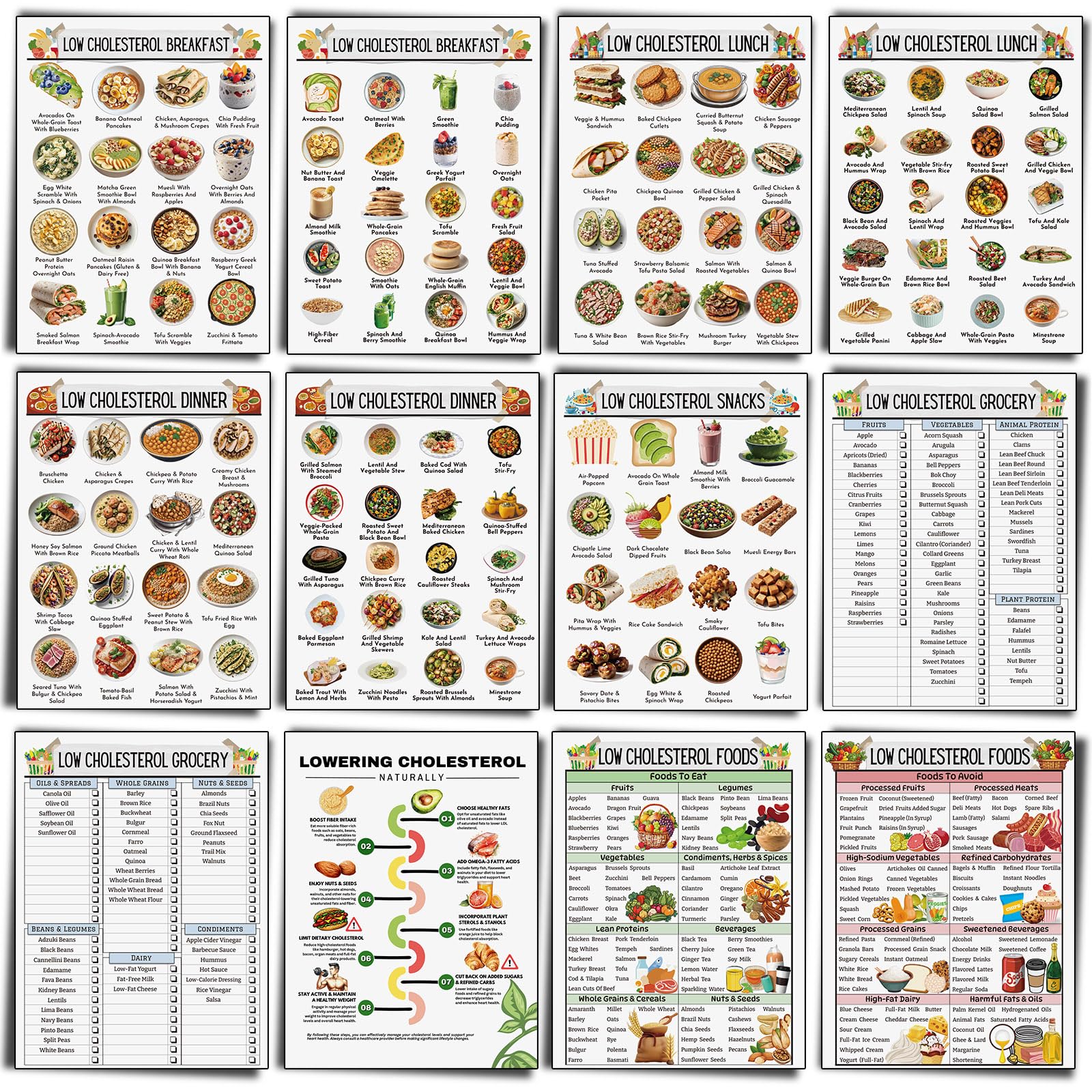 Sinload 12 Pcs Cholesterol Food List Chart Poster Lower Cholesterol Diet
