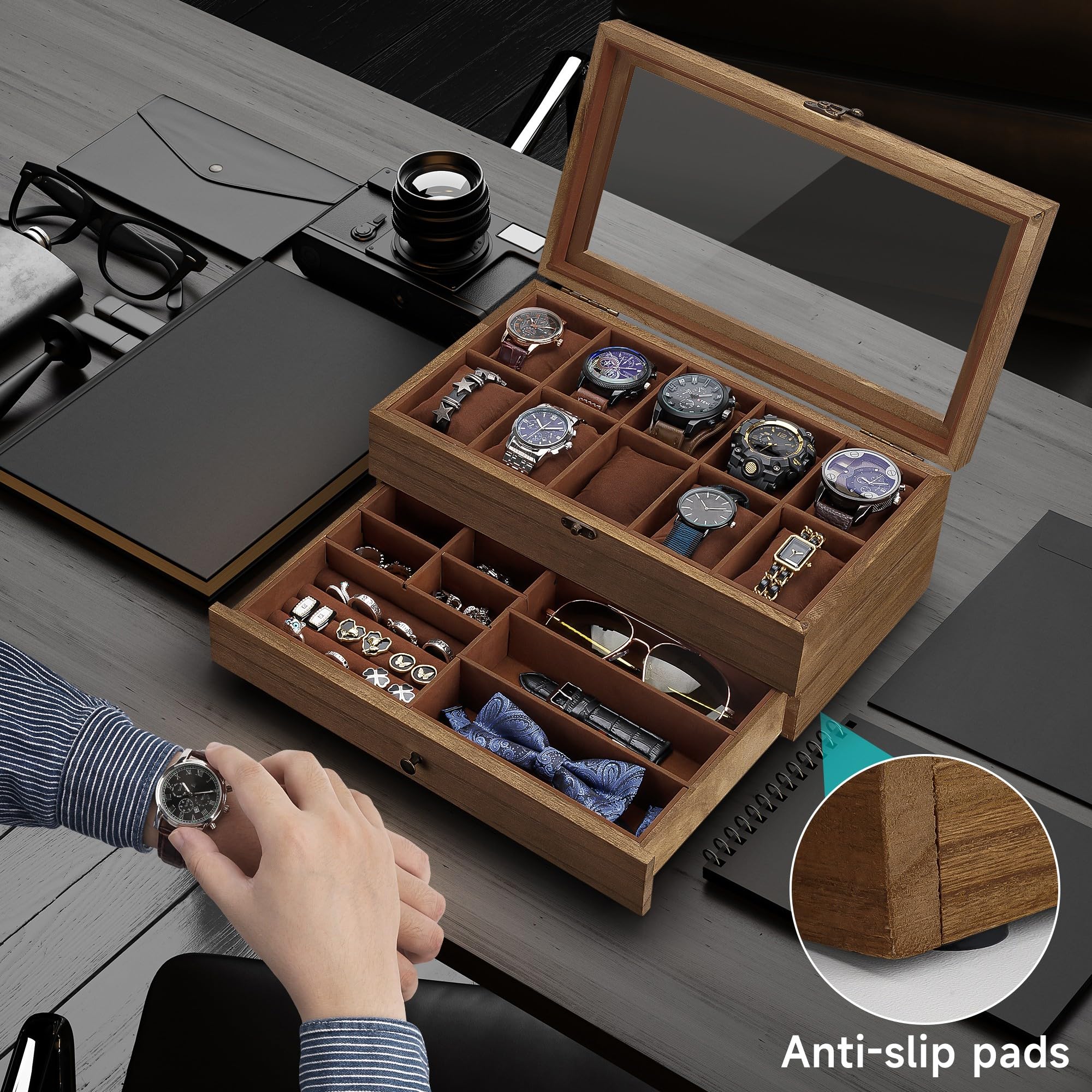Caja de reloj con 10 ranuras, caja de reloj de 2 niveles para relojes de esfera grande, vitrina de reloj con tapa, almohadas de reloj extraíbles, regalos para hombres y mujeres, organizador