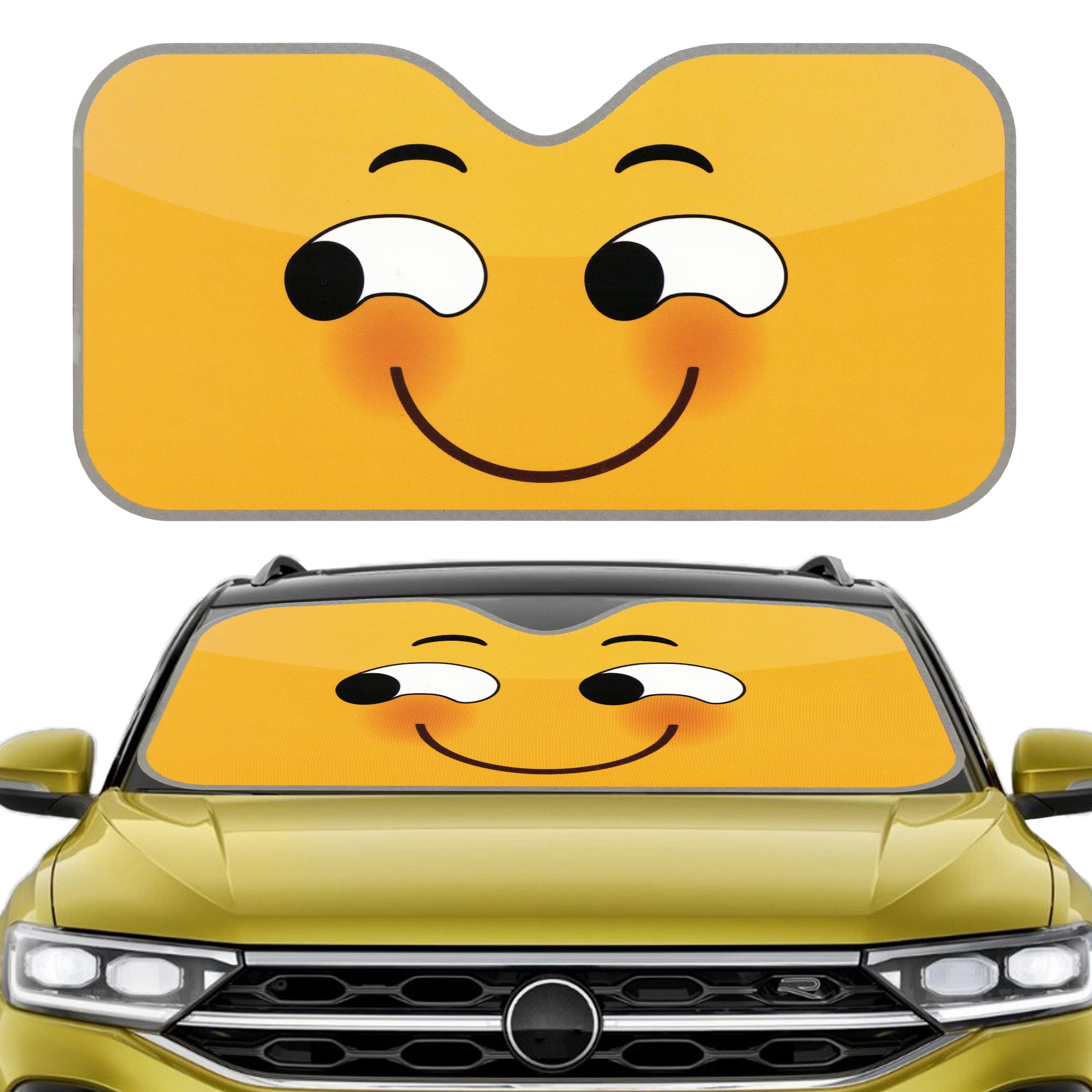 Parasol de Coche Delantero con Dibujo Emoji Plegable - Protector Solar Parabrisas Protección Rayos UV Aislante del Calor (Carita Sonriendo con Superioridad, 60x130cm)