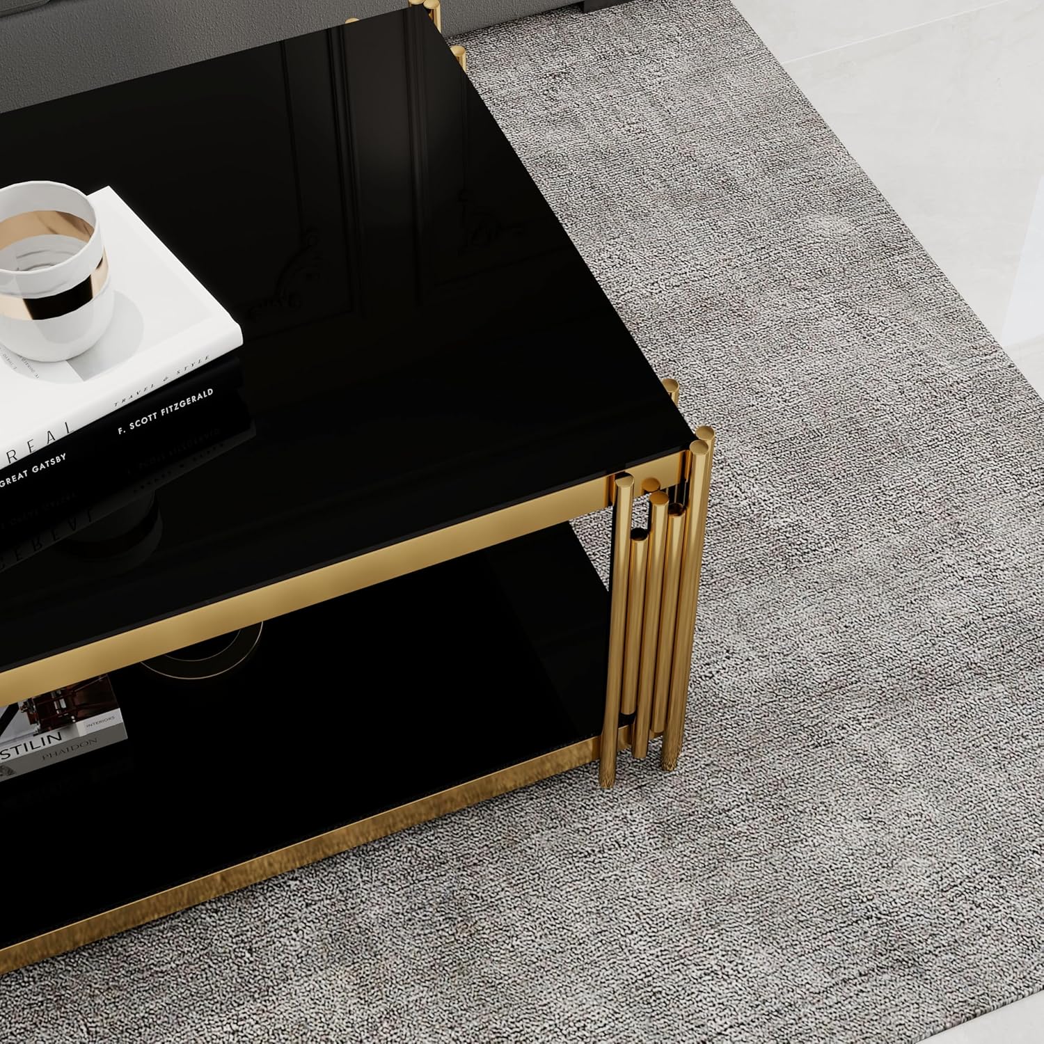 Rectangular Black Glass Coffee Table, 47" Center Table Living Room Table, Gold Stainless Steel Irregular Leg, Double-Layer Structure, Black Glass Desktop, Luxury Black Gold Rectangle 47.24