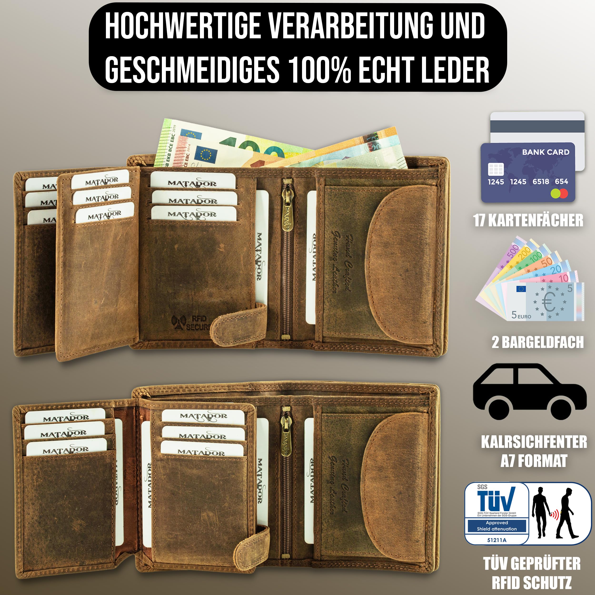 MATADOR Porte Monnaie Cuir #Toronto avec Noble Boîte Cadeau, Luxe RFID Porte Carte RFID, Portefeuilles Homme avec de Nombreux Compartiments à Cartes en Marron Chasseur