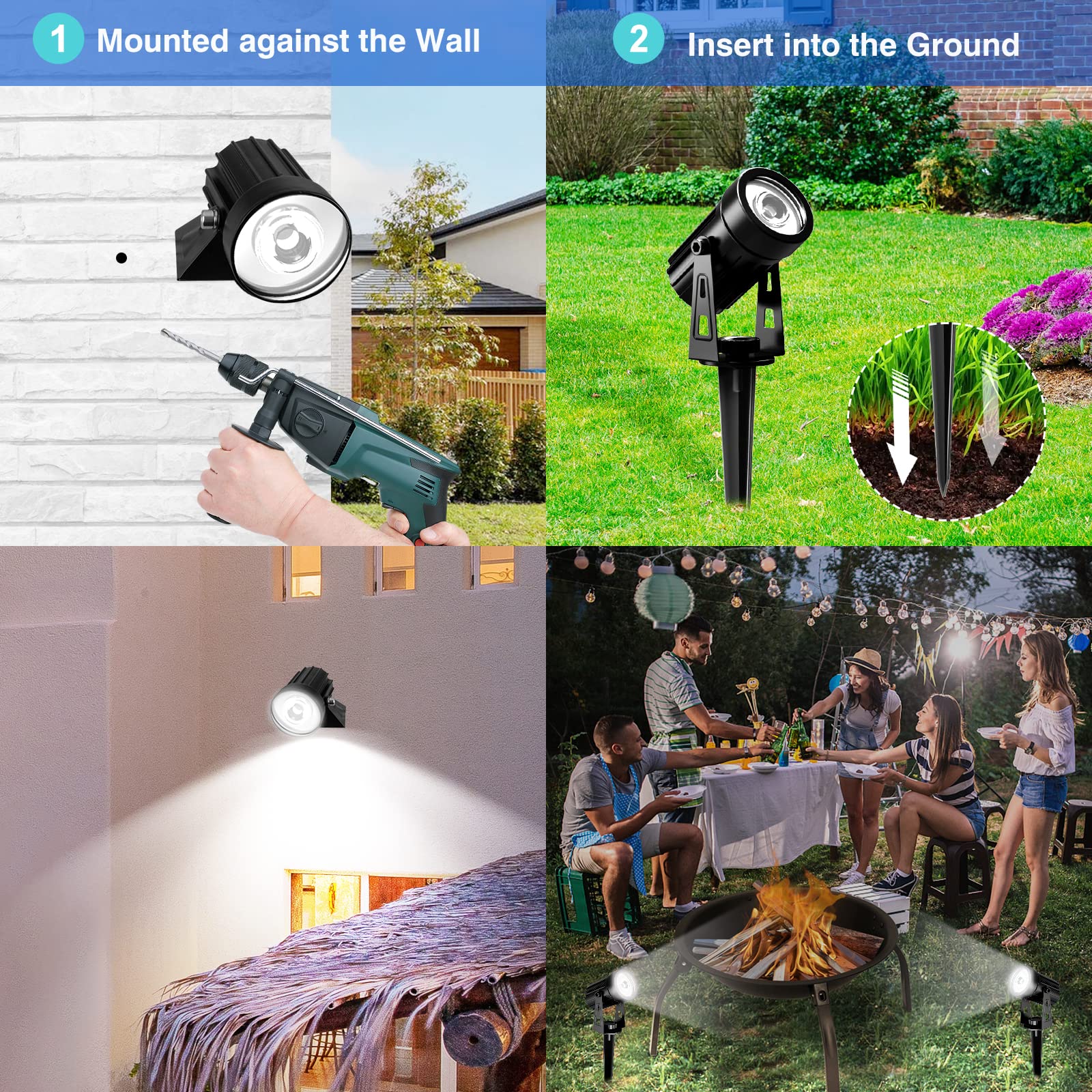 Faretti Solari da Giardino, T-SUNUS Luci Solari Esterno Giardino, IP65 impermeabili, 2 Livelli di Luminosità, ON/OFF Automatici per Cortile Vialetto Alberi Bianco Freddo