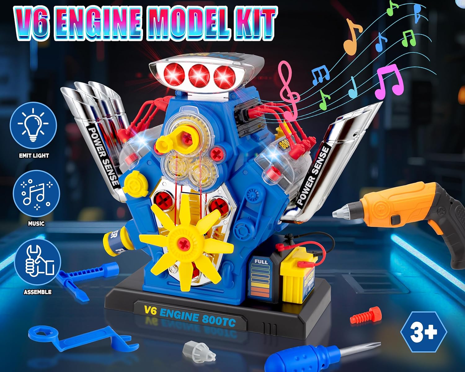 POFJOEQ STEM New V6 Engine Model Building Kit，60-Piece Take Apart Toy with Realistic Lights & Sounds, Tools - Mechanic Repair Playset for Kids Ages 3-5
