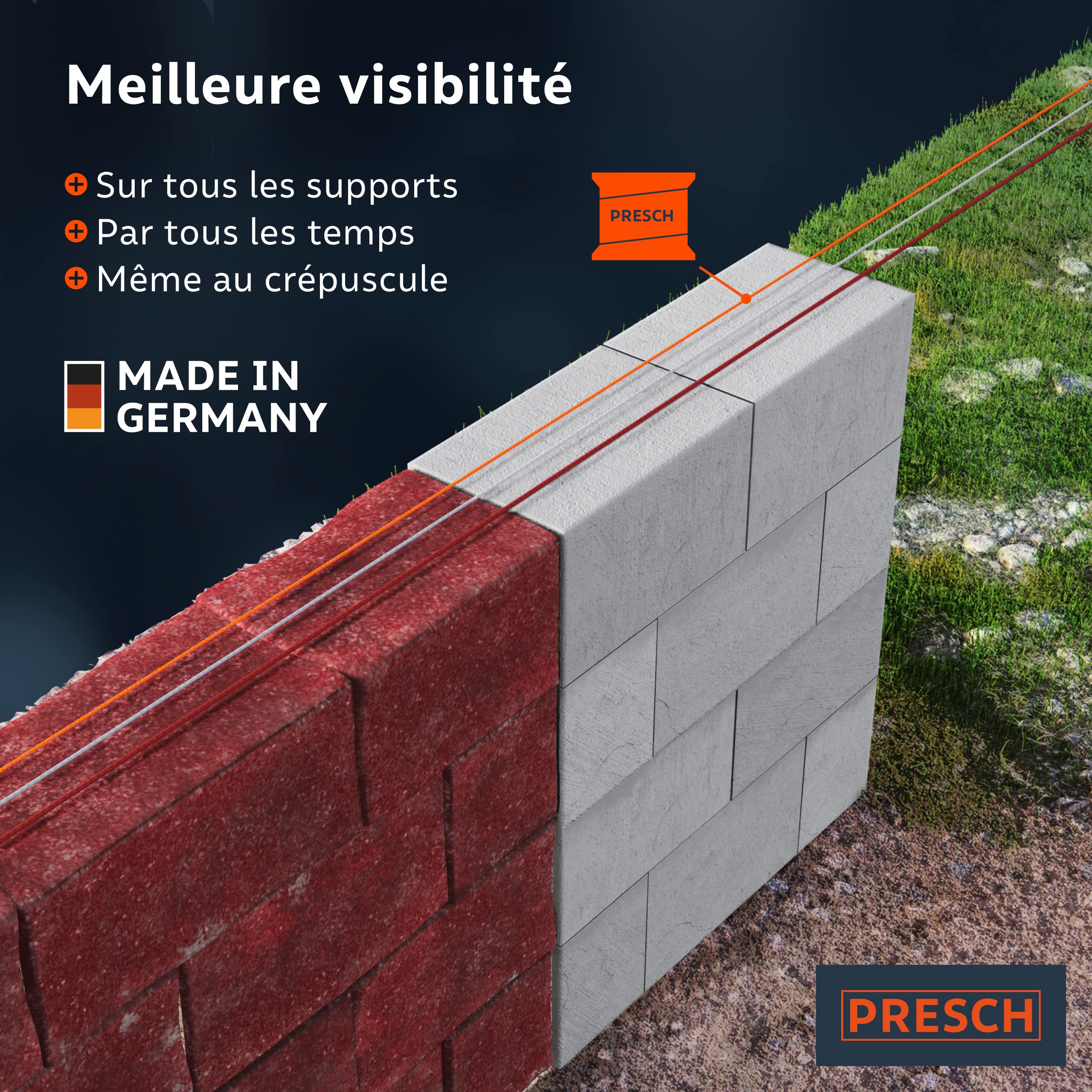 Presch Cordeau de maçon 100m | ⌀2,0mm | Polyester | Cordeau d'alignement résistant à la déchirure et aux intempéries avec Bobine | Cordeau de Construction résistant aux Noeuds