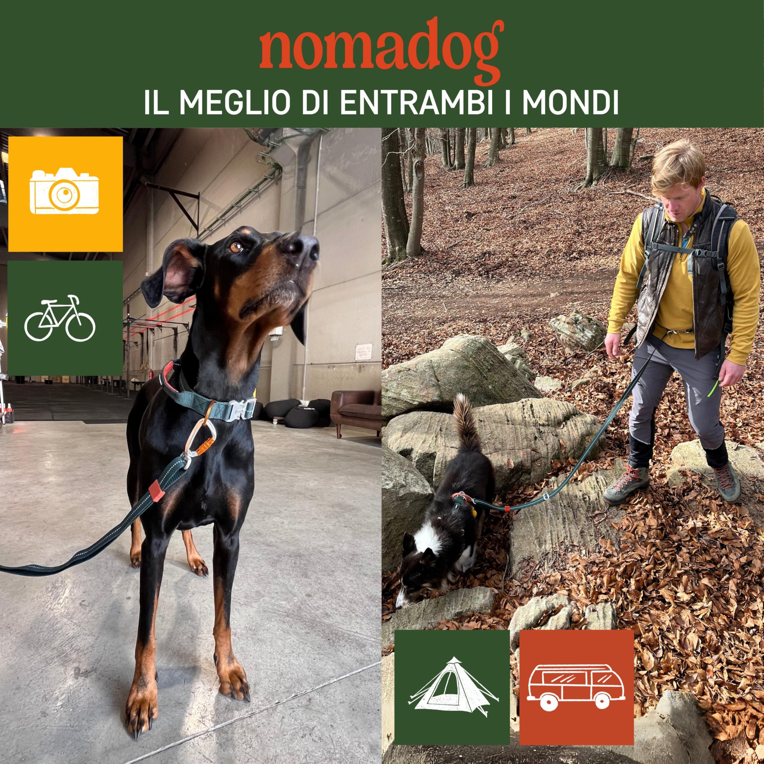 Nomadog Trailblazer Guinzaglio per Cani Multifunzionale 6-in-1 - Guinzaglio Doppio Moschettone Girevole a 360° in Alluminio, Regolabile 1,4-2,4 m, Riflettente - Ideale per Escursioni