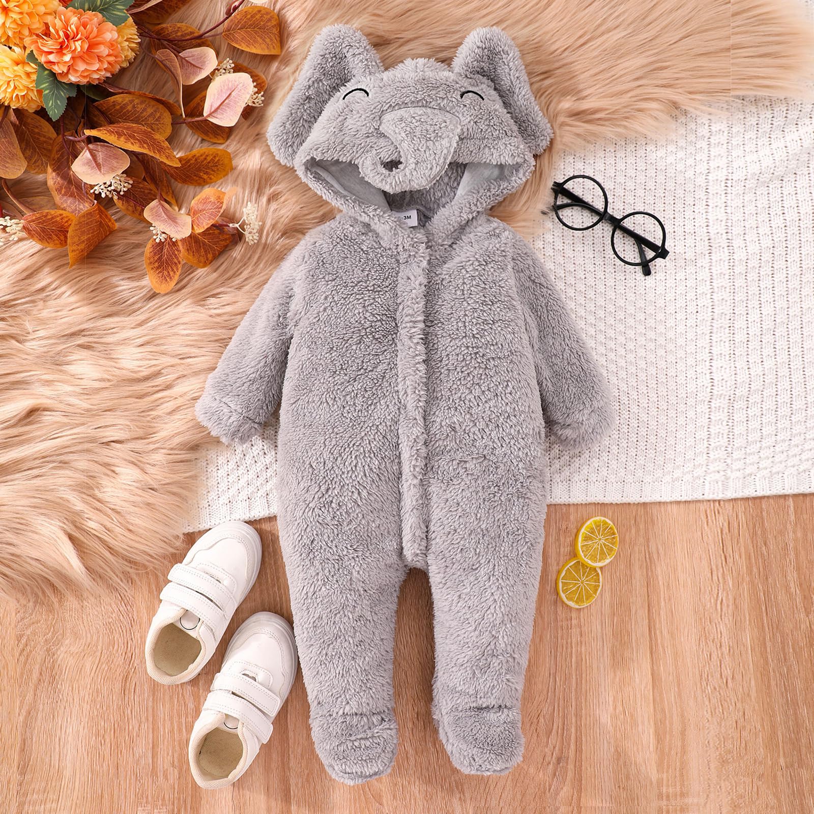 Baby Boy Girl Winter Fuzzy Jumpsuit Infant Bear Ear Snowsuit Long Sleeve Footed Zipper Hoodie Romper Kid Warm Coat (B Gray Elephant, 3-6 Months)
