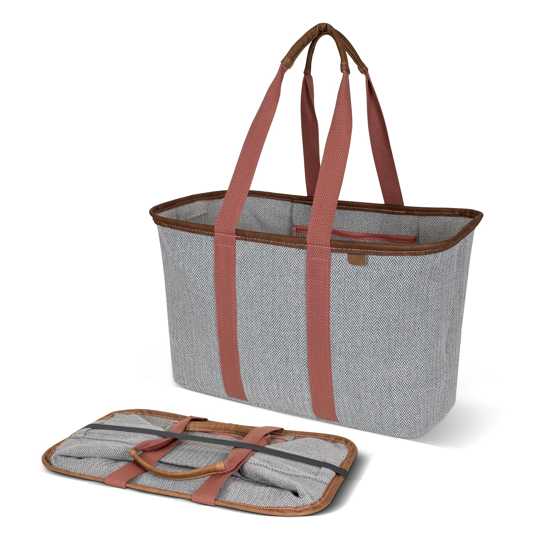 Clevermade Snapbasket Luxe - REUsable Collapsible Durable Grocery Shopping Bag With Reinforced Bottom - Large Heavy Duty Canvas Carryall Tote, HerrinGBone, Not Insulated