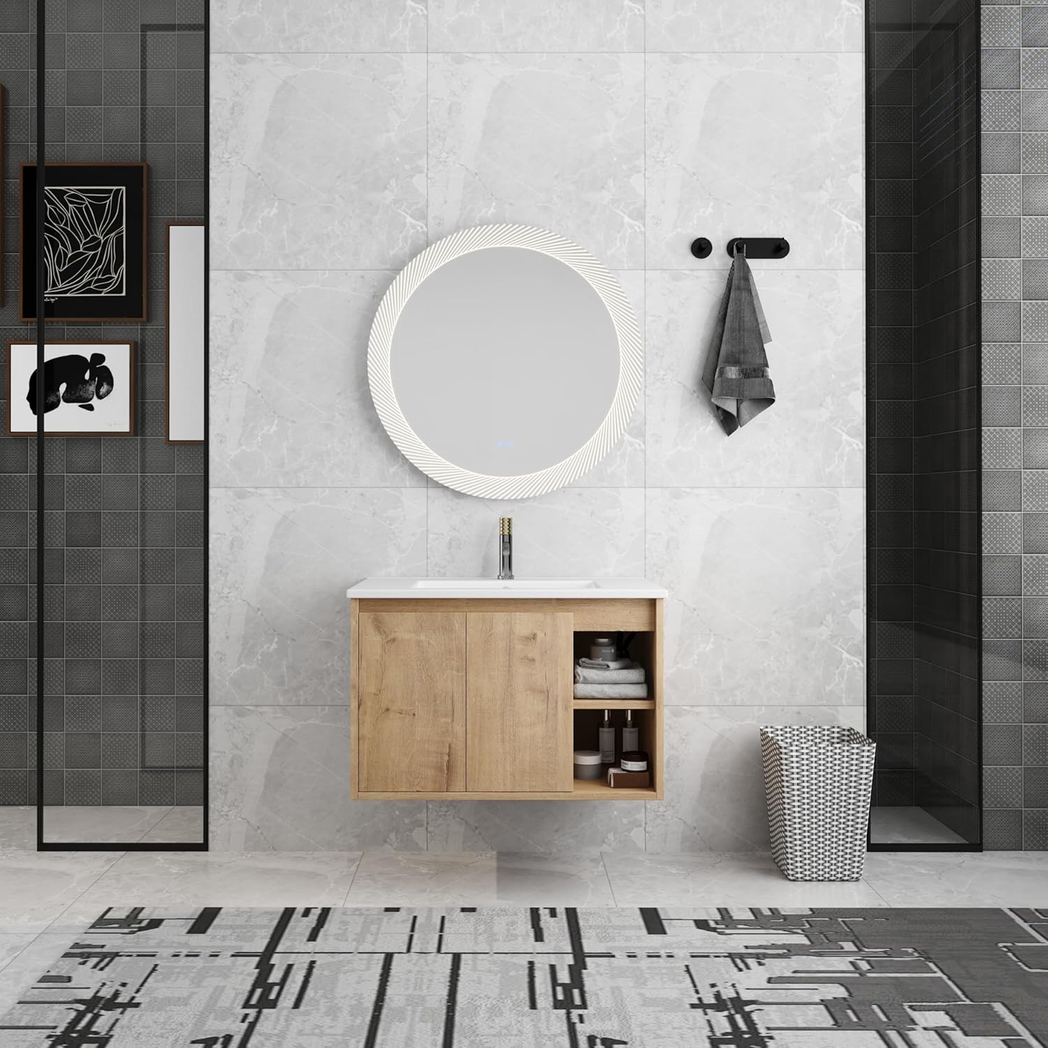 30 Inch Bathroom Vanity with Sink, Imitative Oak Modern Wall Mount Floating Vanity Set with Soft-Closing Door and Ceramic Basin, Contemporary Styling for Elegant Bathrooms