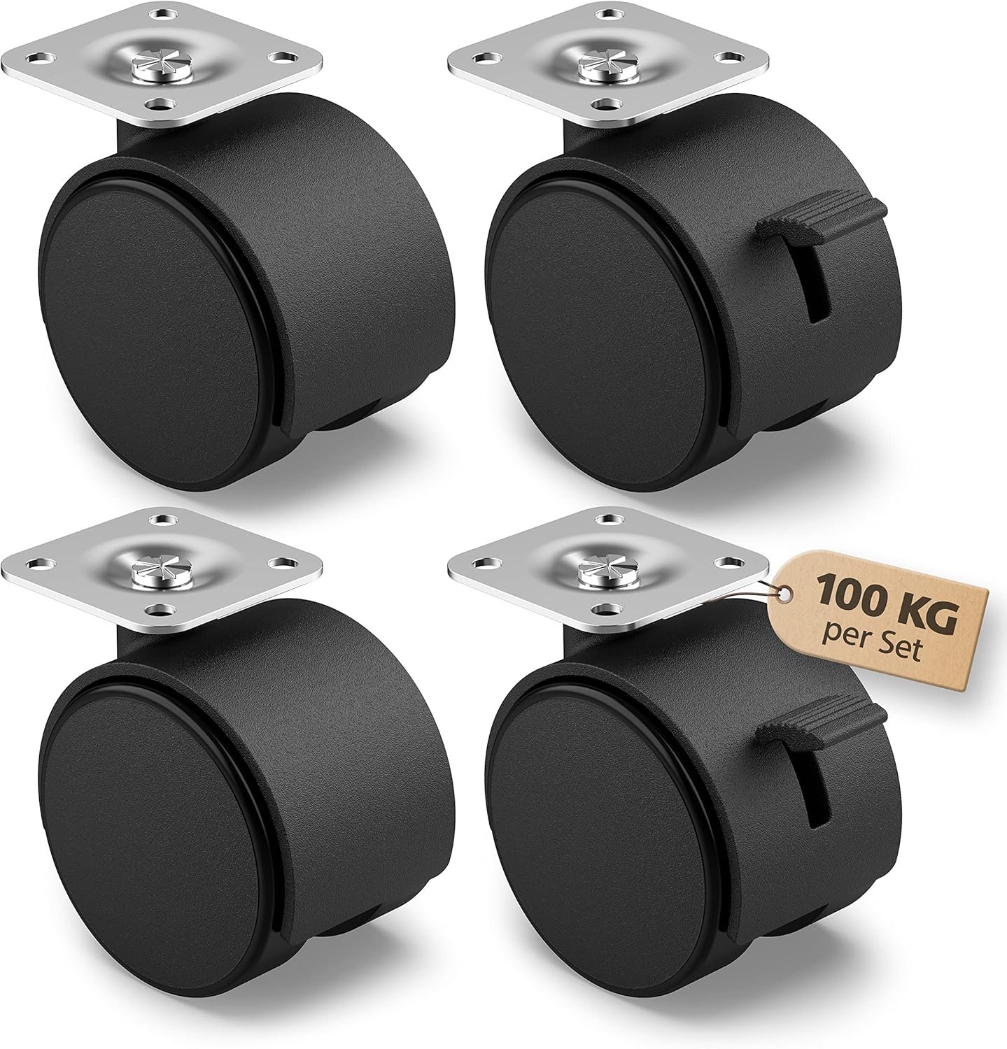 Set Di 4 Ruote Pivottanti Per Mobili Da 50 Mm - Portata 100 Kg Per Ruota, Con Freni Per Interni/Esterni - Foto 4