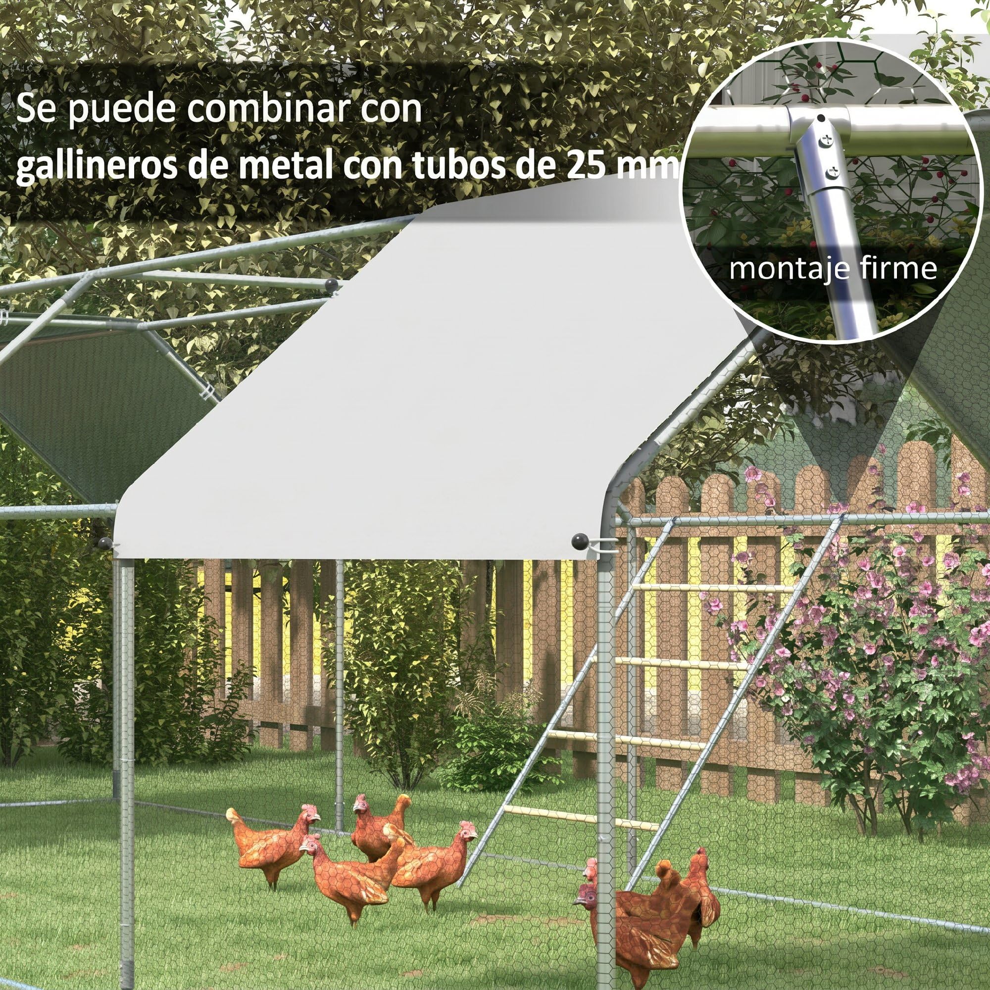 PawHut Percha para Gallinas de 4 Niveles, Escalera de Madera y Acero Galvanizado para 4-6 Gallinas, 140x86 cm, para Gallineros de Tubos Metálicos de 25 mm, Natural
