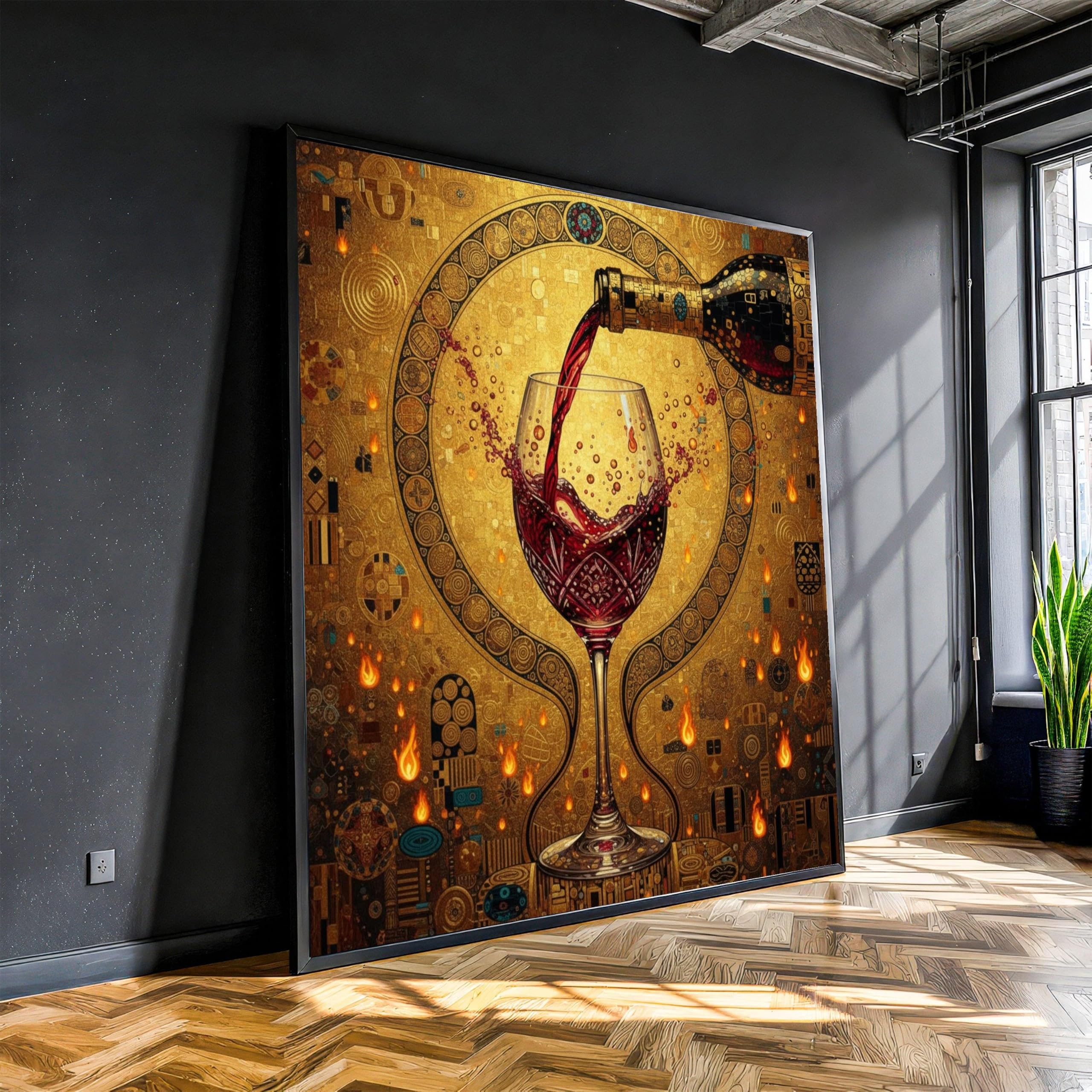Leinwandbild mit Rotwein-Motiv, Kunst im Vintage-Stil, goldene Wanddekoration, abstraktes Weinglas-Gemälde, Leinwandbild für die Heimdekoration (30x30cm/Innenrahmen)