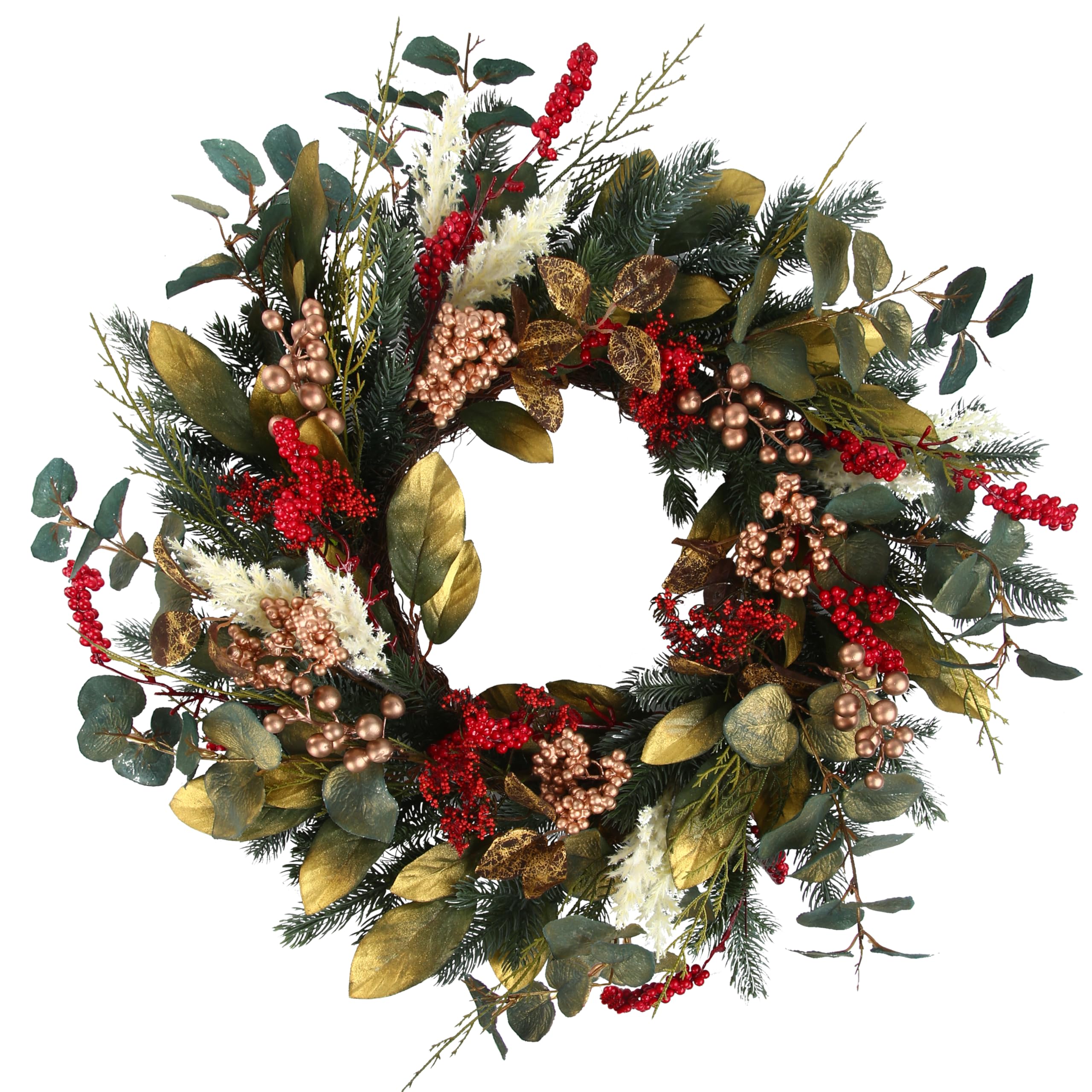 20" Gold Red Berries Christmas Wreaths for Front Door, Metallic Finish Eucalyptus Leaves Winter Xmas Wreath Outdoor Holiday Decoration, Door Wreath Decor for Farmhouse Front Porch Wall Window