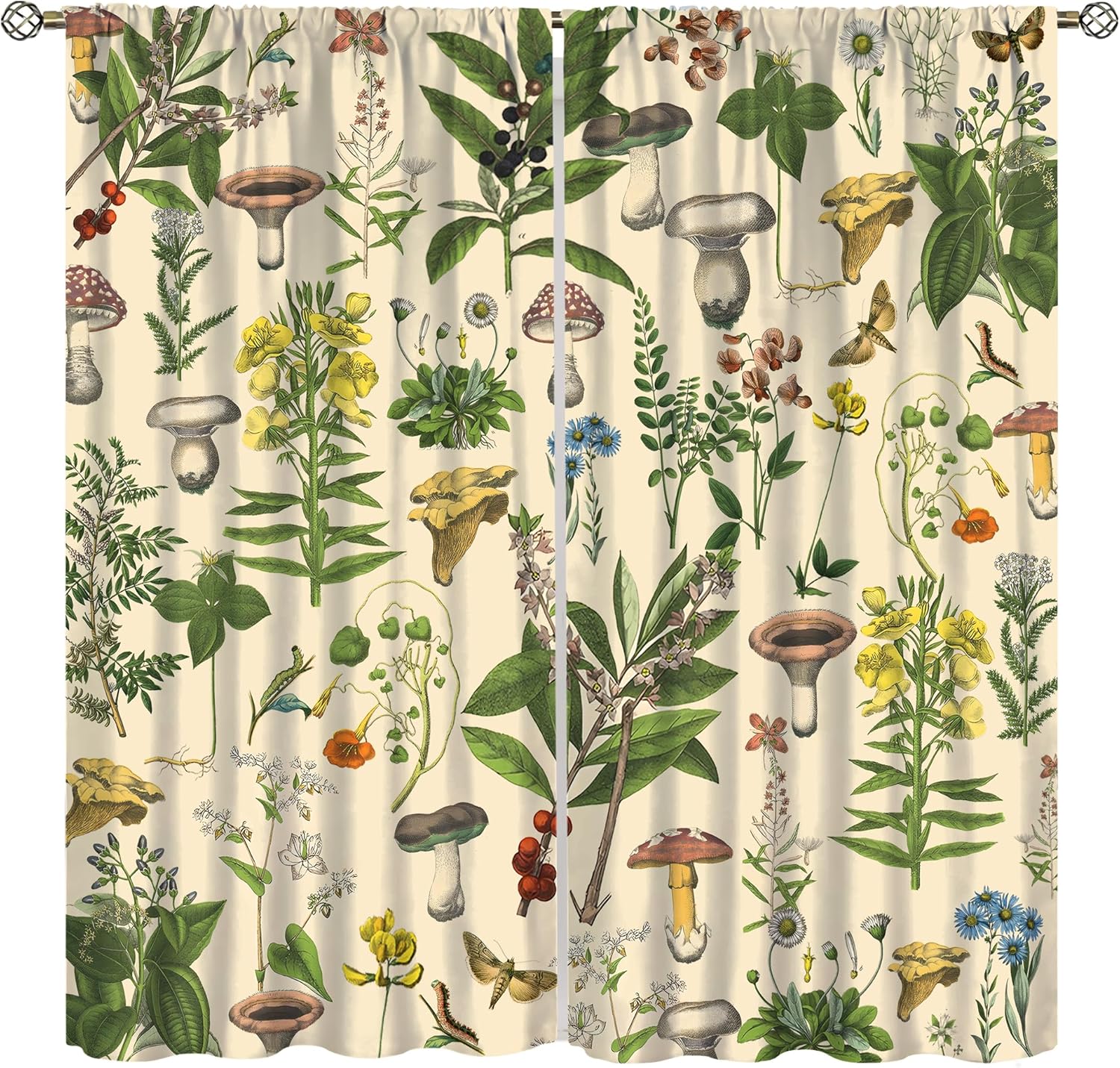 Vintage Mushroom Curtains, Boho Retro Botanical Green Leaf Ferns Mushrooms Rustic Farmhouse Drapes for Kitchen Living Room Bedroom Window Treatment, 42x63 Inch