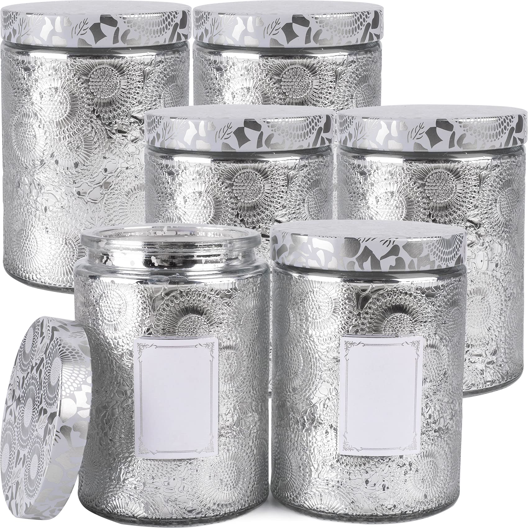 17.3oz Embossed Glass Candle Container with Tin Lid and Labels - Pack of 6 (Shining Silver)