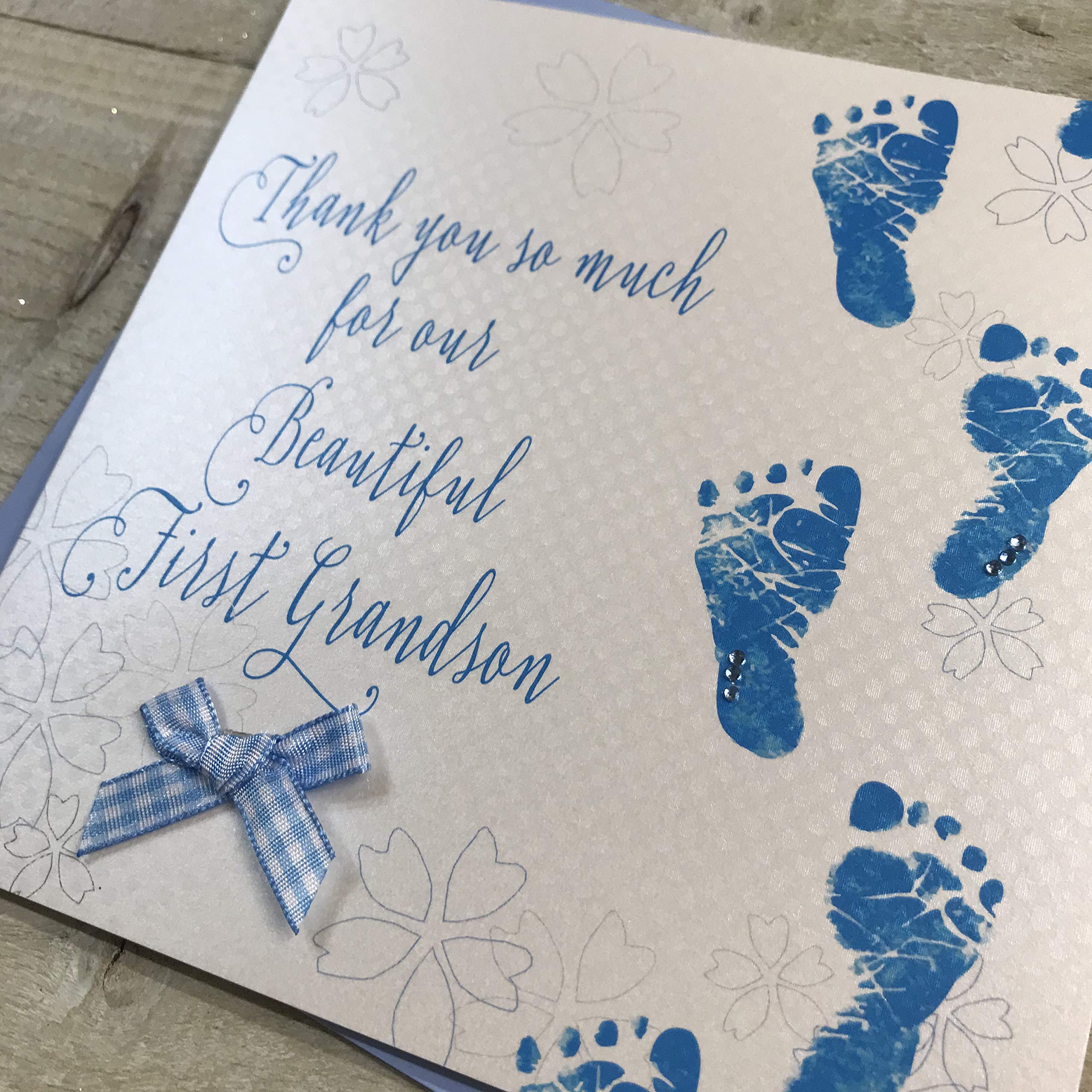 WHITE COTTON CARDS Thank you so much for our Beautiful First Grandson handmade Baby card- Blue Footprints WB300,16cm x 16cm - Image 2