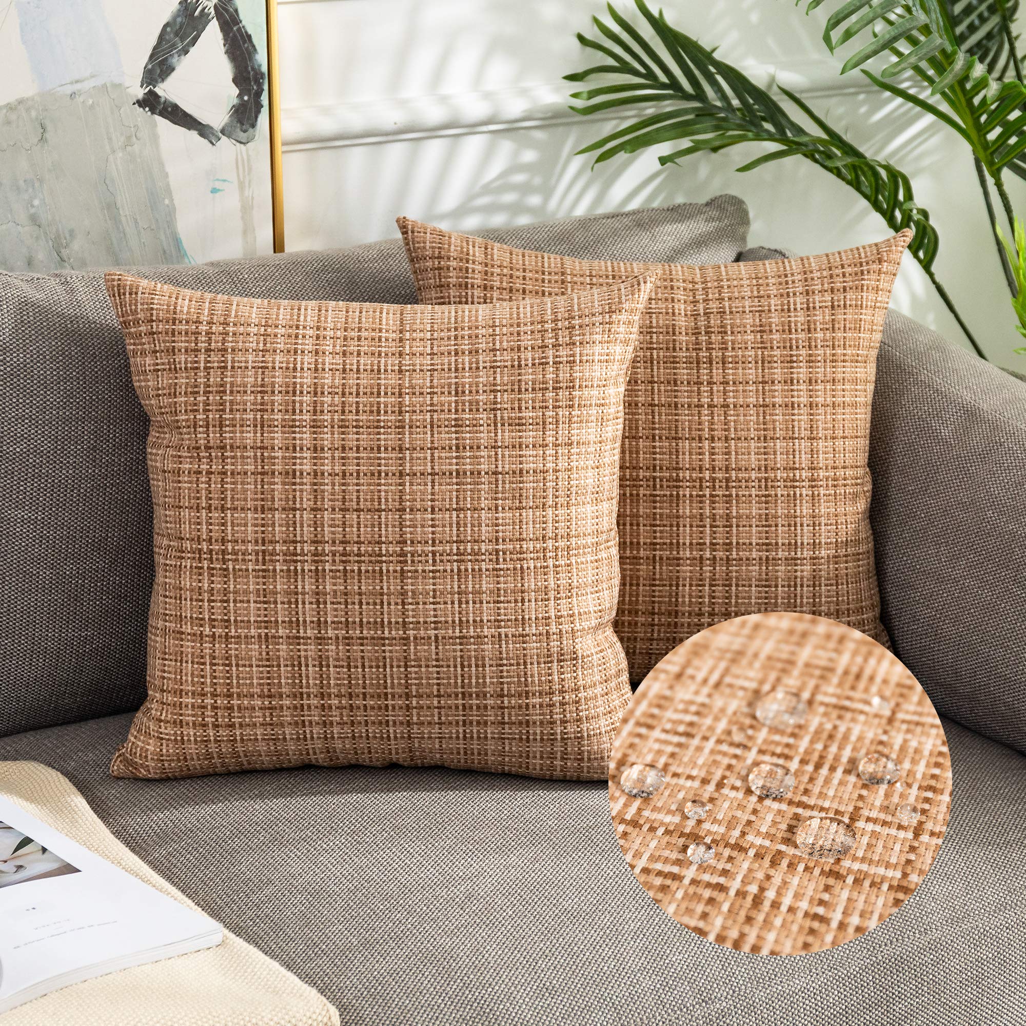 Kevin Textile Waterproof Cushion Covers 50x50 cm Set of 2 Outdoor Stripe Woven Texture Water Resistant Seat Cushions Cover 20x20 Inch for Garden Patio Balcony Couch Sofa Chair Seats, Beige