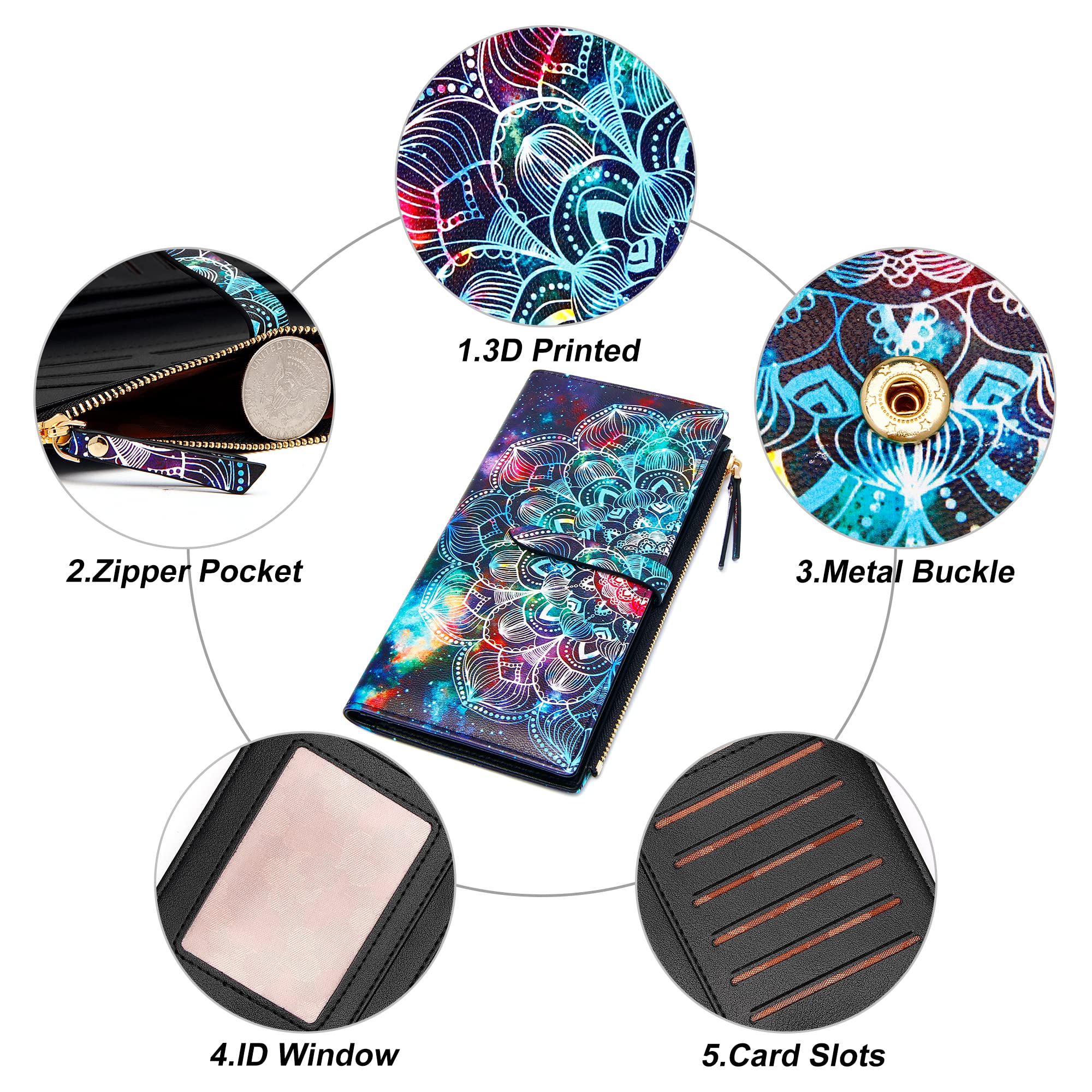 Billeteras delgadas para mujer, tarjetero RFID plegable con bolsillo con cremallera, Mandala azul, Delgado 5