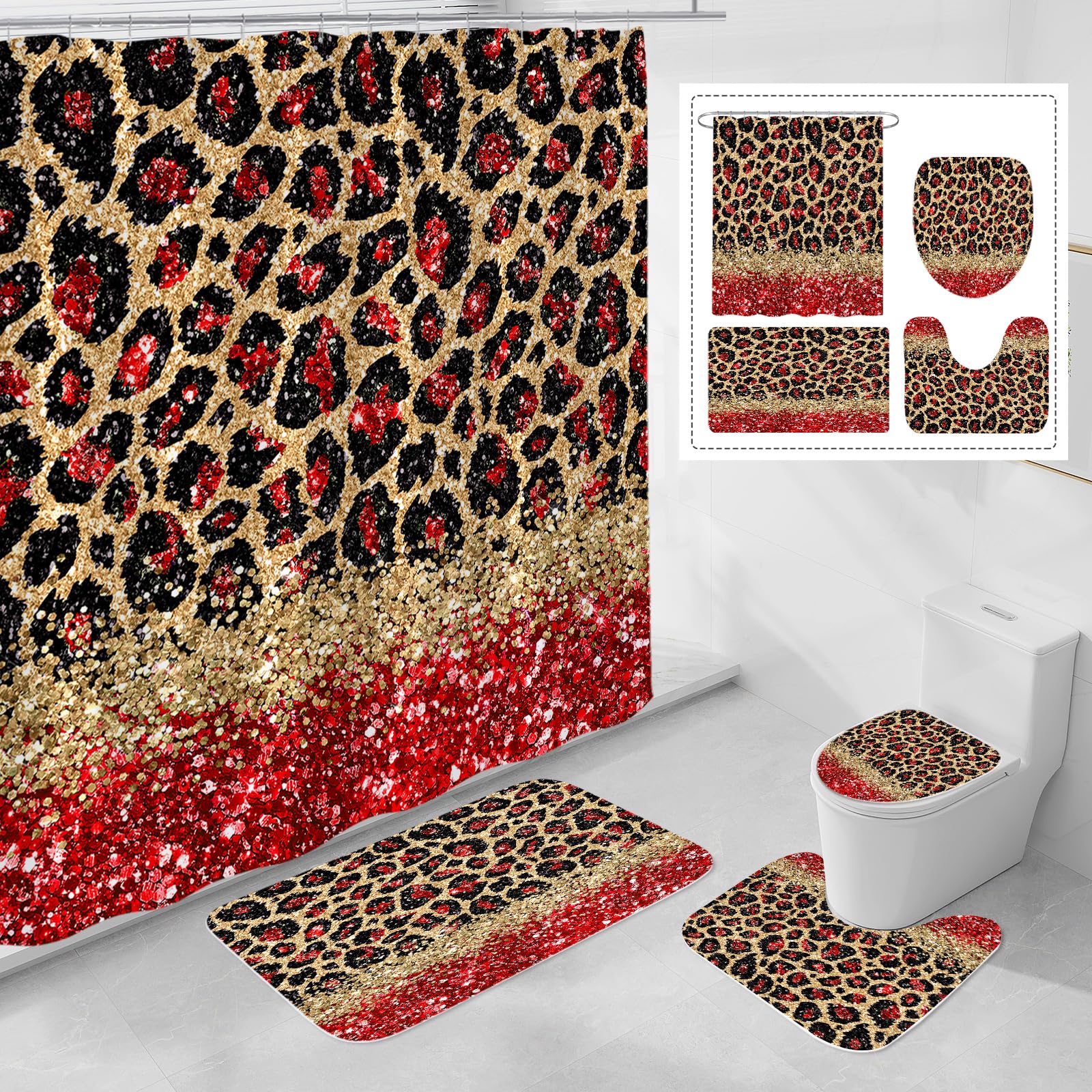 Litabel 4 Pcs Red Leopard Print Shower Curtain Set with Non-Slip Rugs, Toilet Lid Cover and Bath Mat, Wild Animal Skin Bathroom Decor Set with Shower Curtain and Rugs(Hooks Not Included)
