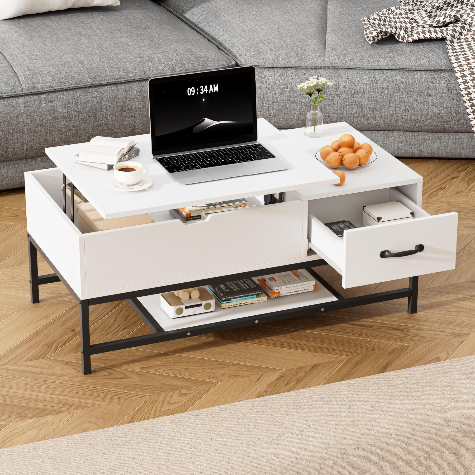 BonVache Couchtisch Höhenverstellbarer, Sofatisch, Beistelltisch mit Ablage, Wohnzimmertisch, Kaffeetisch, Versenkbarer Coffee Table mit Offenes Fach, Tisch mit Stauraum, Weiß