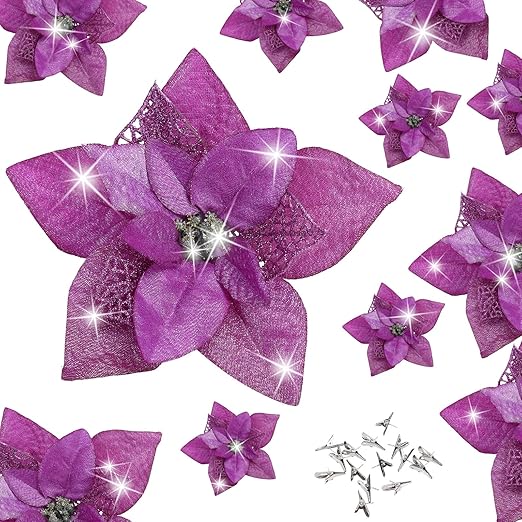15 Pieces Christmas Glitter Poinsettia with Clips Christmas Poinsettia Decorations Artificial Poinsettia Flowers Ornament Christmas Flowers for New Year Wedding Home Decoration 8.7inch/22cm Purple