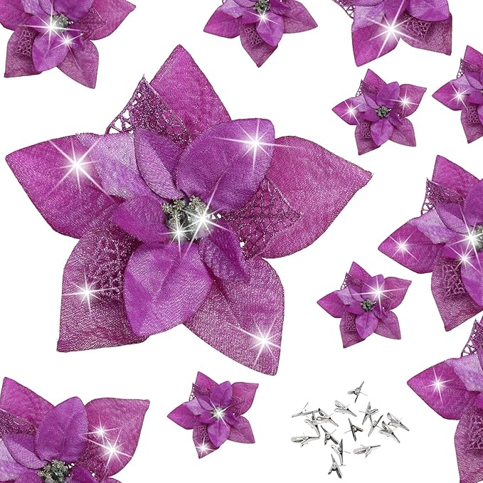 15 Pieces Christmas Glitter Poinsettia with Clips Christmas Poinsettia Decorations Artificial Poinsettia Flowers Ornament Christmas Flowers for New Year Wedding Home Decoration 8.7inch/22cm Purple