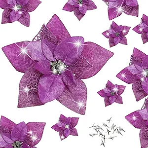 15 Pieces Christmas Glitter Poinsettia with Clips Christmas Poinsettia Decorations Artificial Poinsettia Flowers Ornament Christmas Flowers for New Year Wedding Home Decoration 8.7inch/22cm Purple
