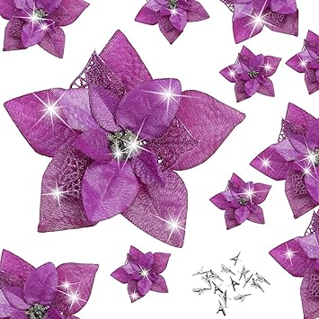 15 Pieces Christmas Glitter Poinsettia with Clips Christmas Poinsettia Decorations Artificial Poinsettia Flowers Ornament Christmas Flowers for New Year Wedding Home Decoration 8.7inch/22cm Purple