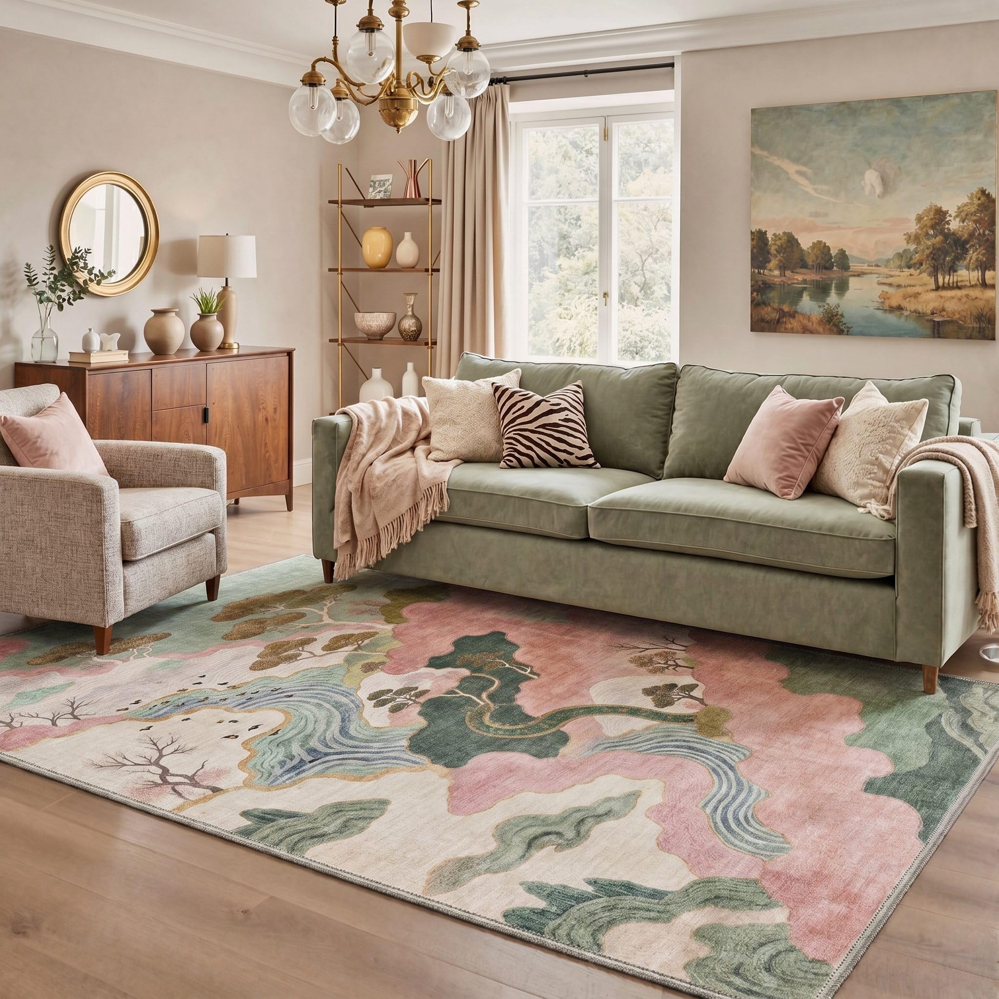 BEIMO 6x9 Area Rug for Bedroom, Sage Pink Washable Abstract Non Slip Rug