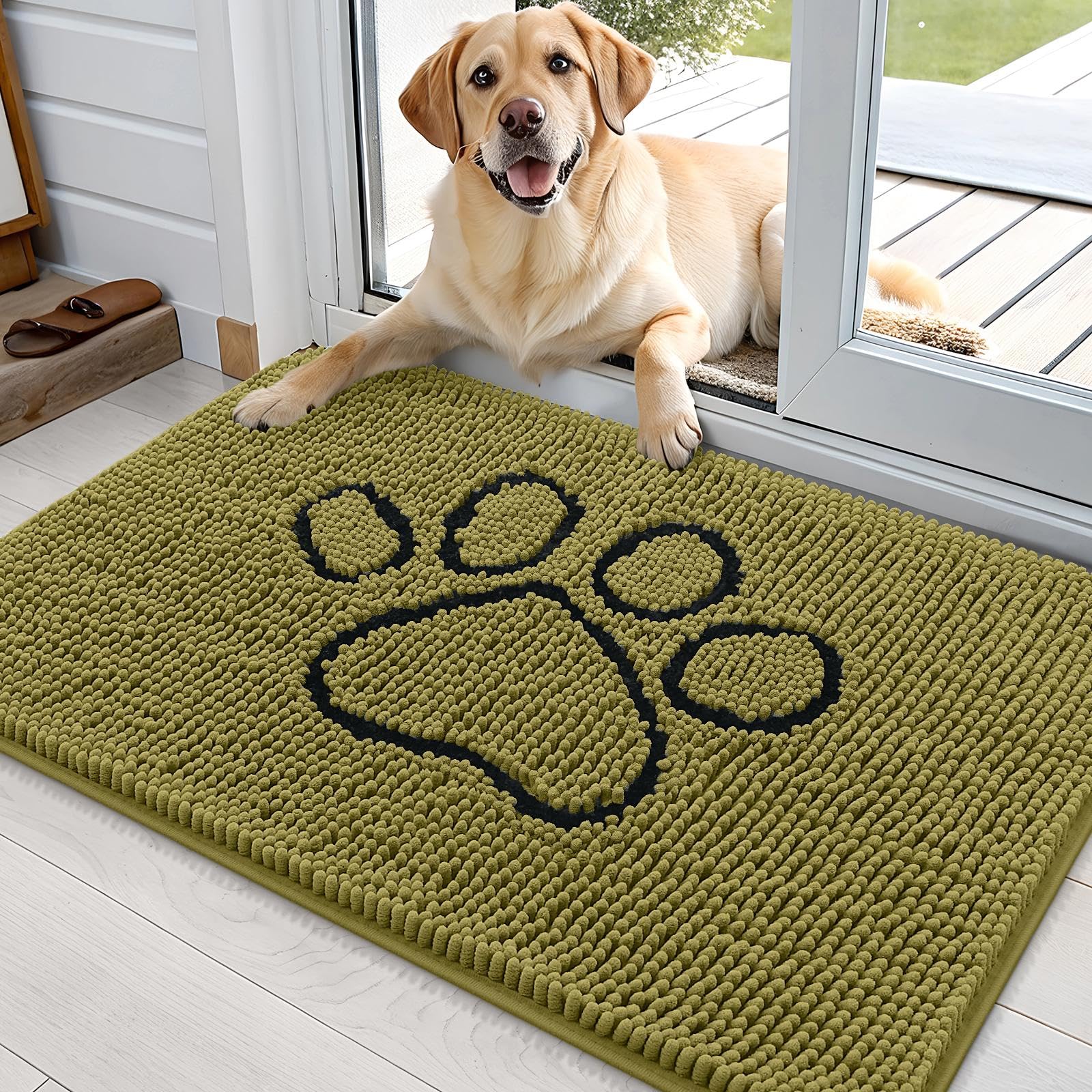 OLANLY Dog Door Mat for Muddy Paws 36x24, Paw Print Design Chenille Mud Mat