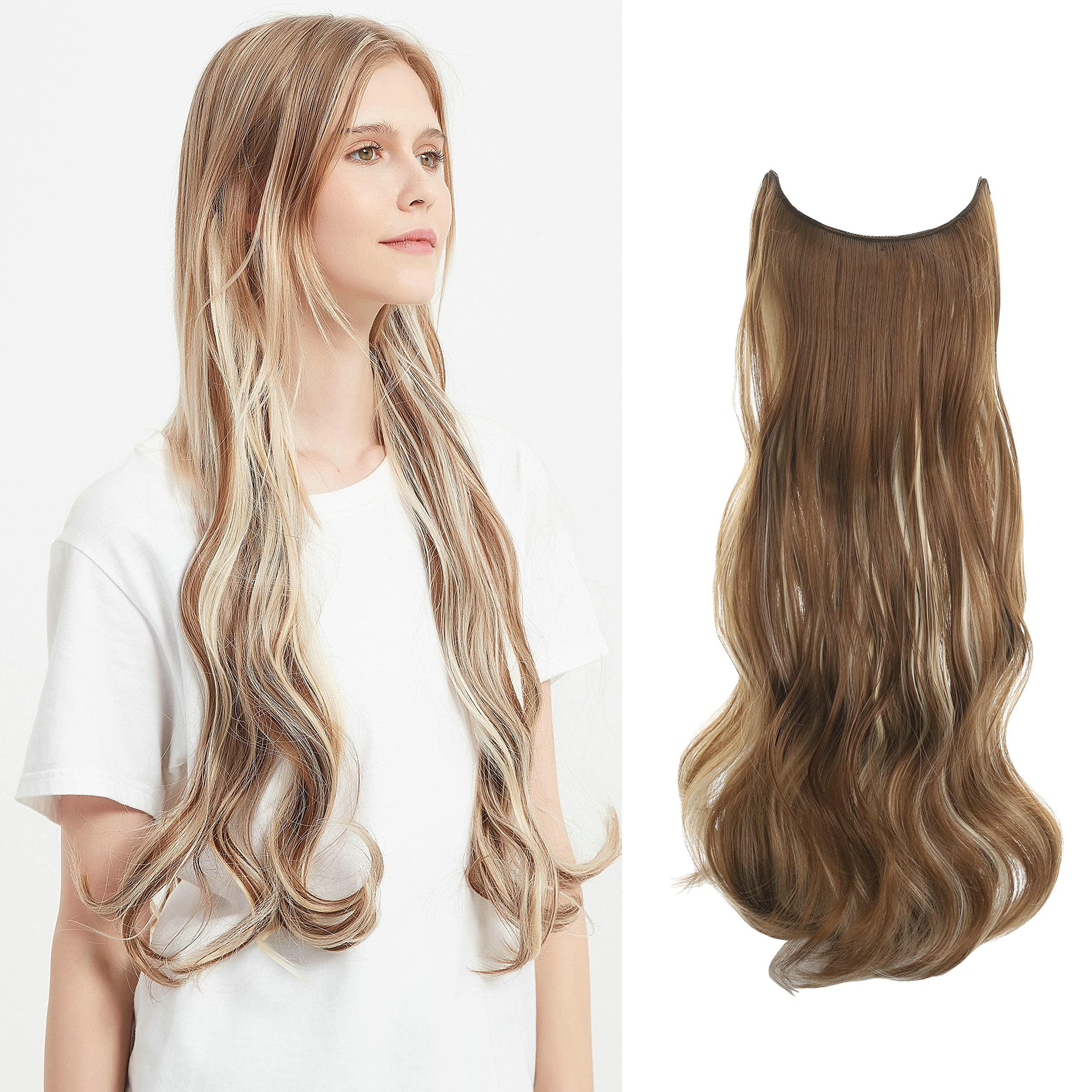 LECIPO 24 inches Invisible Halo Hair Extensions Long Wavy Curly Secret Hairpiece with Transparent Wire Adjustable Size 4 Secure Clips for Women