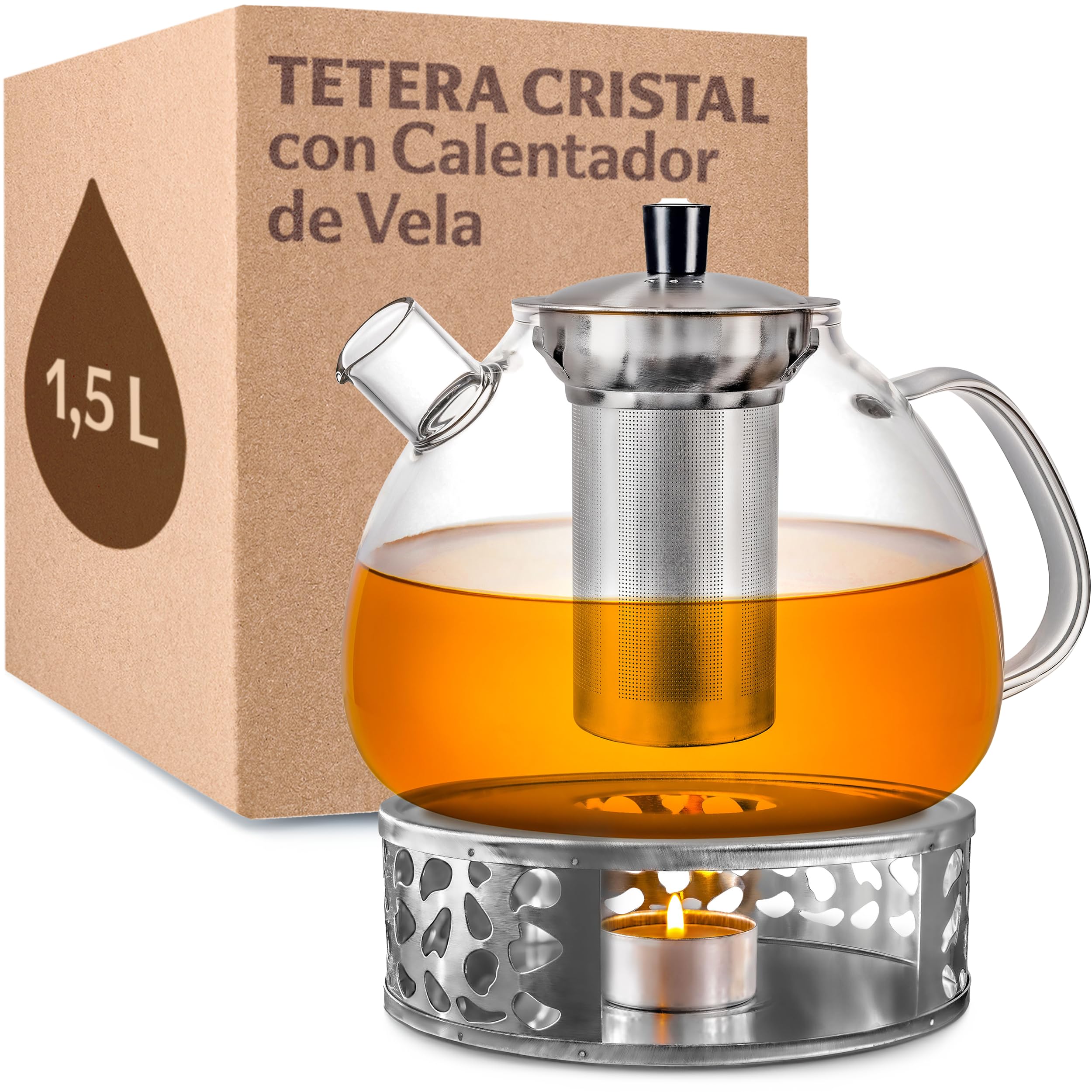 Cosumy Tetera de Cristal con Calentador de Vela - 1.5l - Con Filtro - Apta para Lavavajillas - resistente al calor