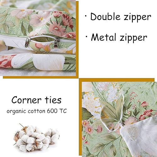 Miniatura 4 de FADFAY Juego de funda de edredón floral, tamaño Queen, 100% algodón, ropa de cama vintage desgastada de 600 hilos, verde menta, flores blancas,
