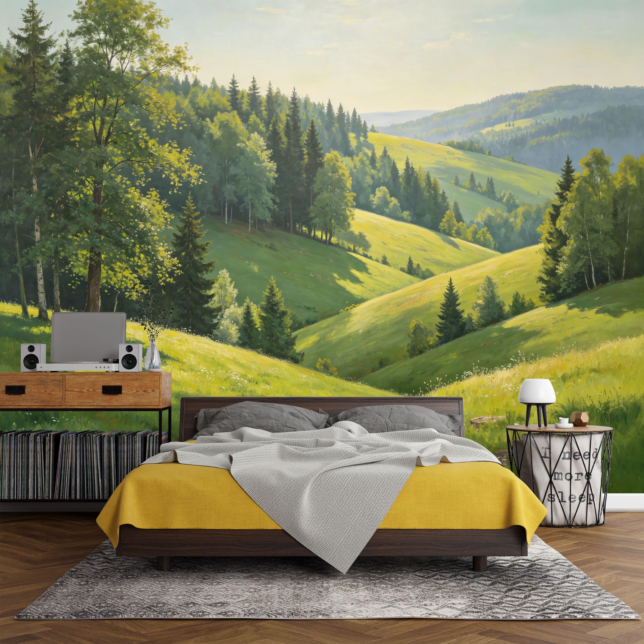 Custom Size Wall Mural， Landscape Green Meadow Forest Hills Sunlight Nature Scenery，SelfAdhesive Art Prints wall Fabric (No PVC) Removable Wallpaper Living Room Decor