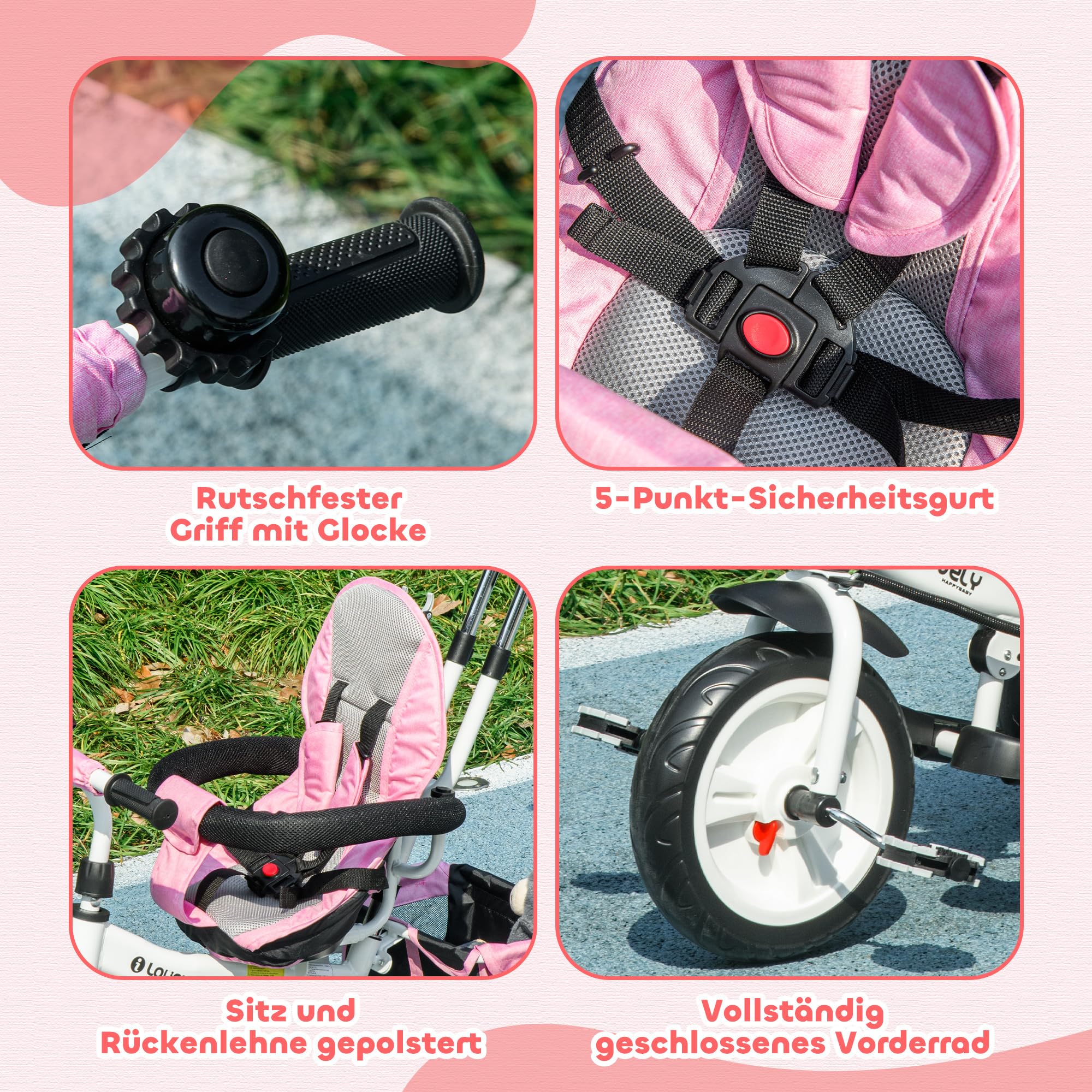 HOMCOM Dreirad 6-in-1 mit Schubstange für 1-5 Jahre Kinder bis 25kg, Kinderdreirad mit Vorwärts und Rückwärtsfahrt, Korb Getränkehalter Sonnendach, Rosa