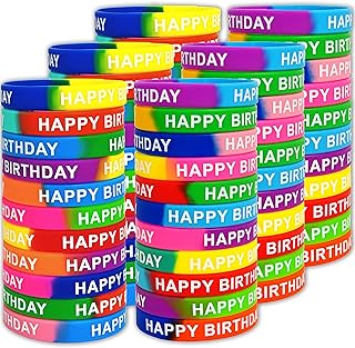 Neureyte 66 Pieces Birthday Rubber Bracelets(22 Styles),Colored Birthday Wristband for Birthday Party Favors,Stretch Birthday Rubber Wristbands for Birthday Party Supplies