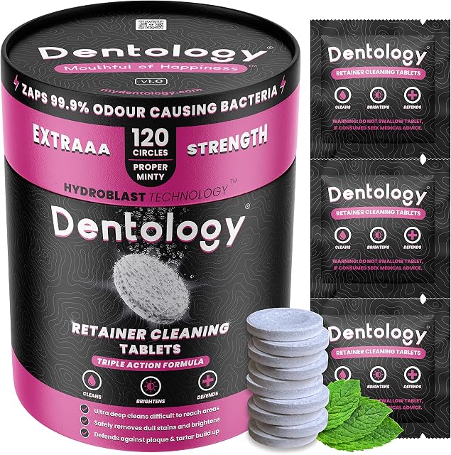 Retainer Cleaner Tablets by Dentology - Cleaning Crystals for Invisalign - Stain-Free & Brite Aligners, Dentures & Mouth Guard - 120 Fresh Mint Tablets 4 Months Supply