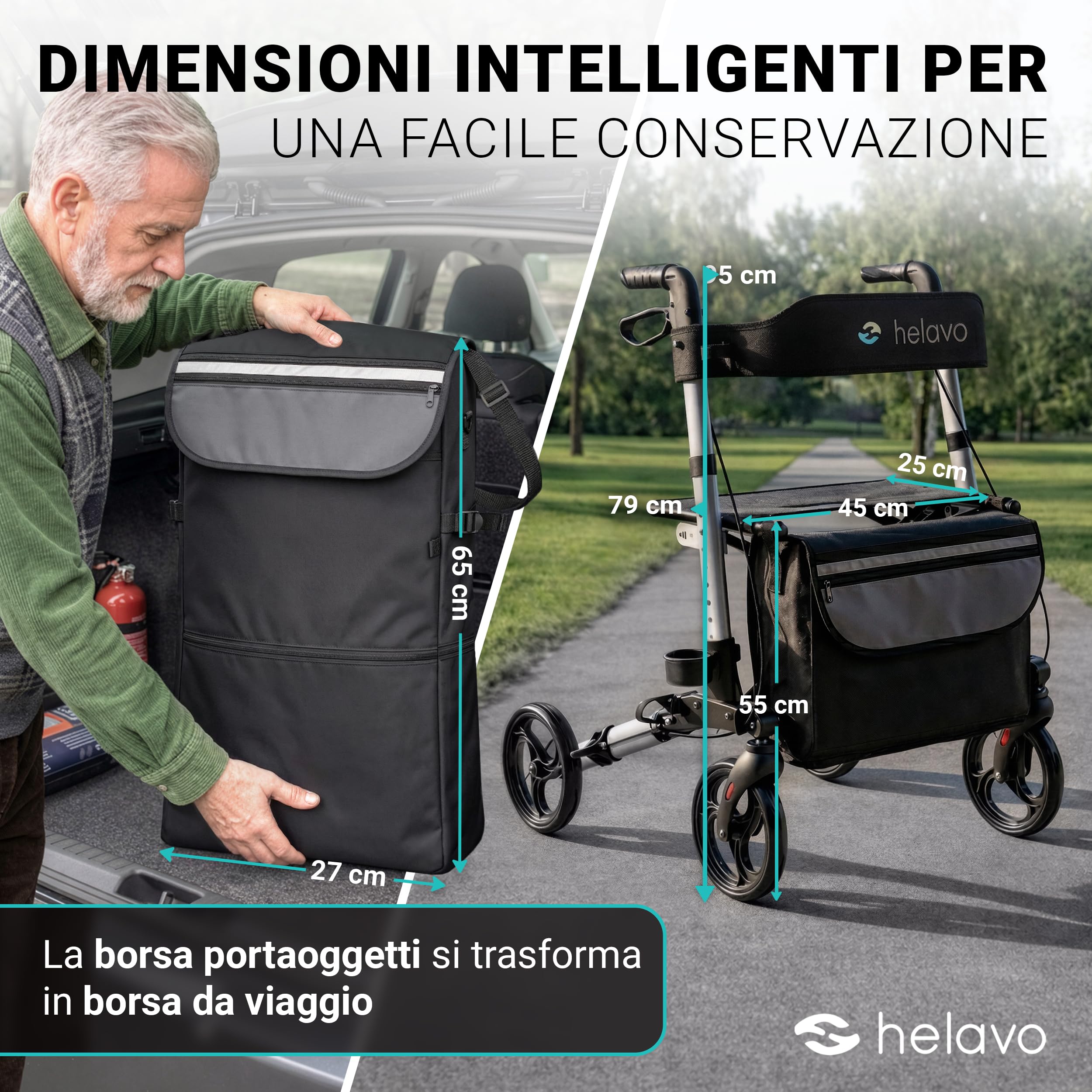 Helavo deambulatore per anziani pieghevole in alluminio con seduta schienale - freni rollator leggero 4 ruote - girello pieghevole per interni ed esterni supporto fino a 136 kg