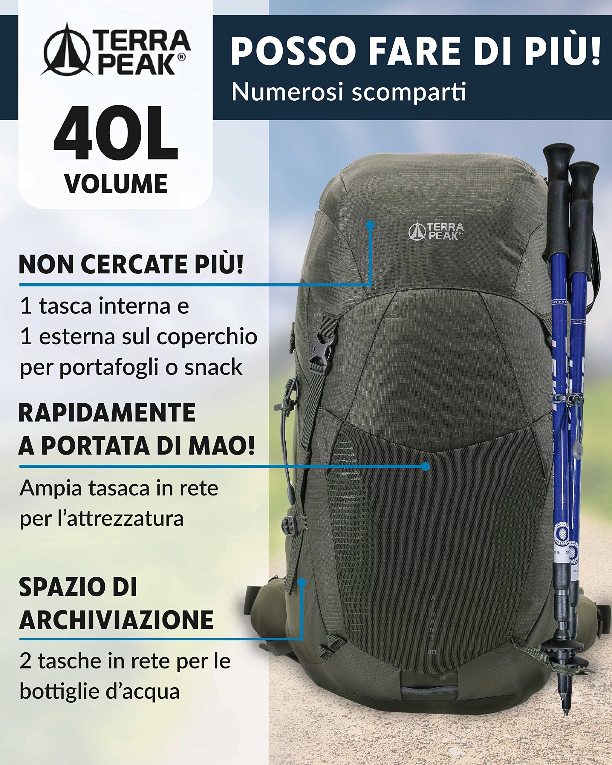 Terra Peak® Zaino da Trekking 20, 30, 40 litri per uomo e donna (AIRANT) - Zaino da escursionismo, viaggio e alpinismo ergonomico e impermeabile con ventilazione posteriore (traspirante)