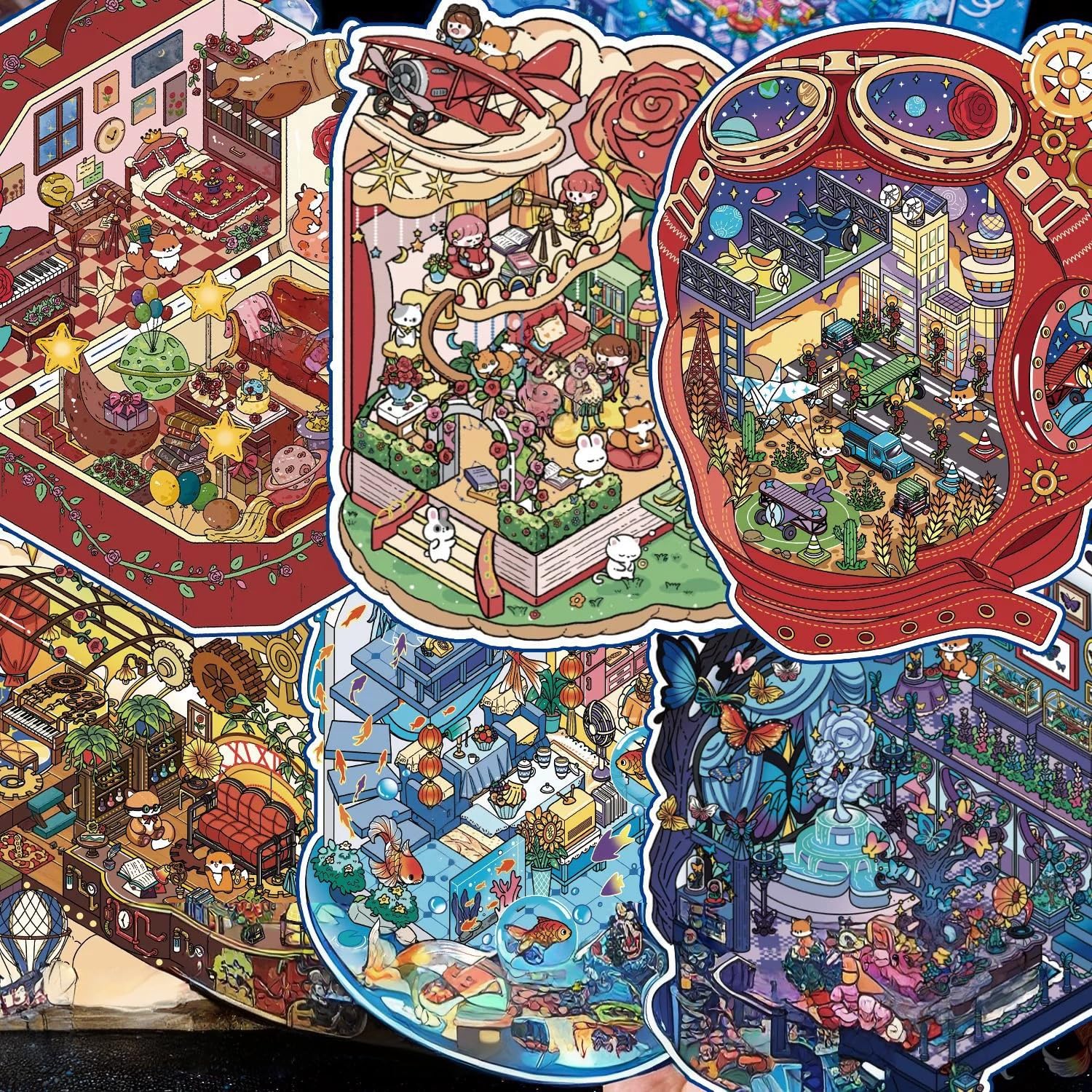 8 Sets Fun 3D Sticker Scenes Books with Tweezers,DIY 3D House Stickers Make Your Own Miniature Room Microcosm Pilot Steampunk Butterfly Dream for Adult Therapy Relief Stress Pass The Time - Image 3
