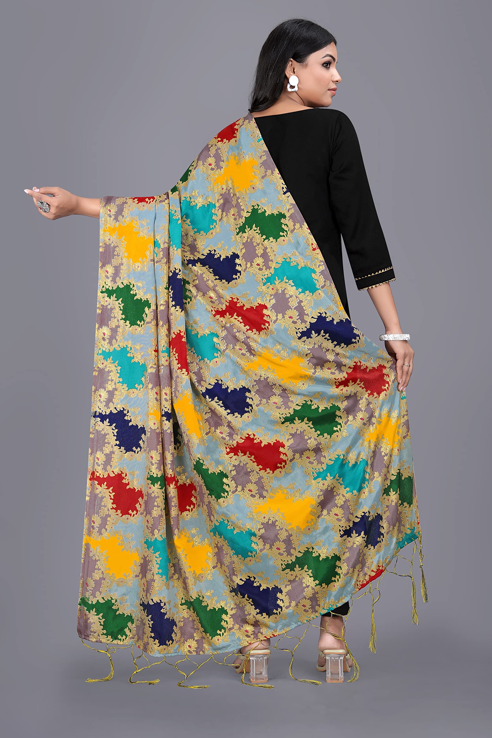 KEMZA Women's Printed Silk Dupatta (Multi Colour) with Tassels Border and Phulkari Print Banarasi Dupatta 2