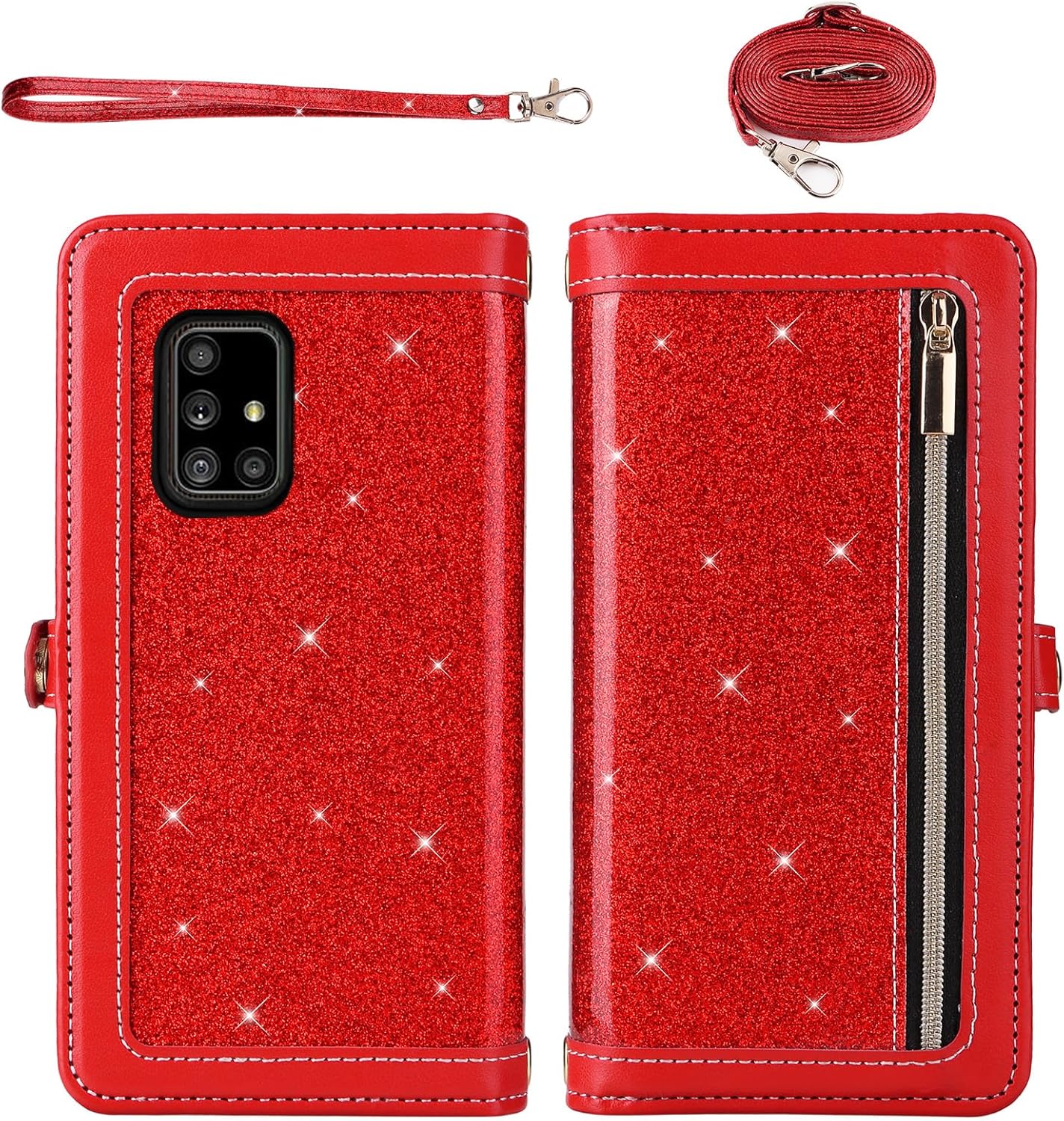 Asuwish Phone Case for Samsung Galaxy A71 5G Zipper Wallet Detachable Cell Cover with Tempered Glass Screen Protector Crossbody Lanyard Strap Bling Glitter Flip Card Holder A 71 G5 71A S71 Women Red