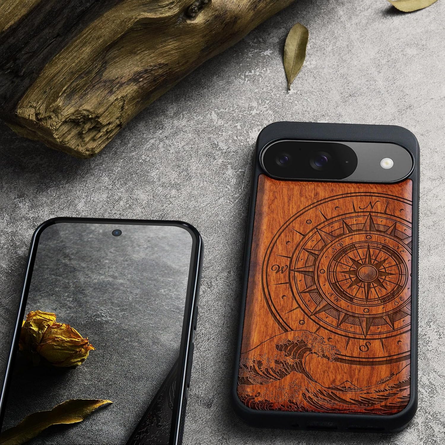 Carveit Magnetic Wooden Case for Google Pixel 9 Case, Wood Artisan Engraved & Soft TPU Shockproof Cover, Compatible with MagSafe Wireless Chargers (Wave Compass) Rosy