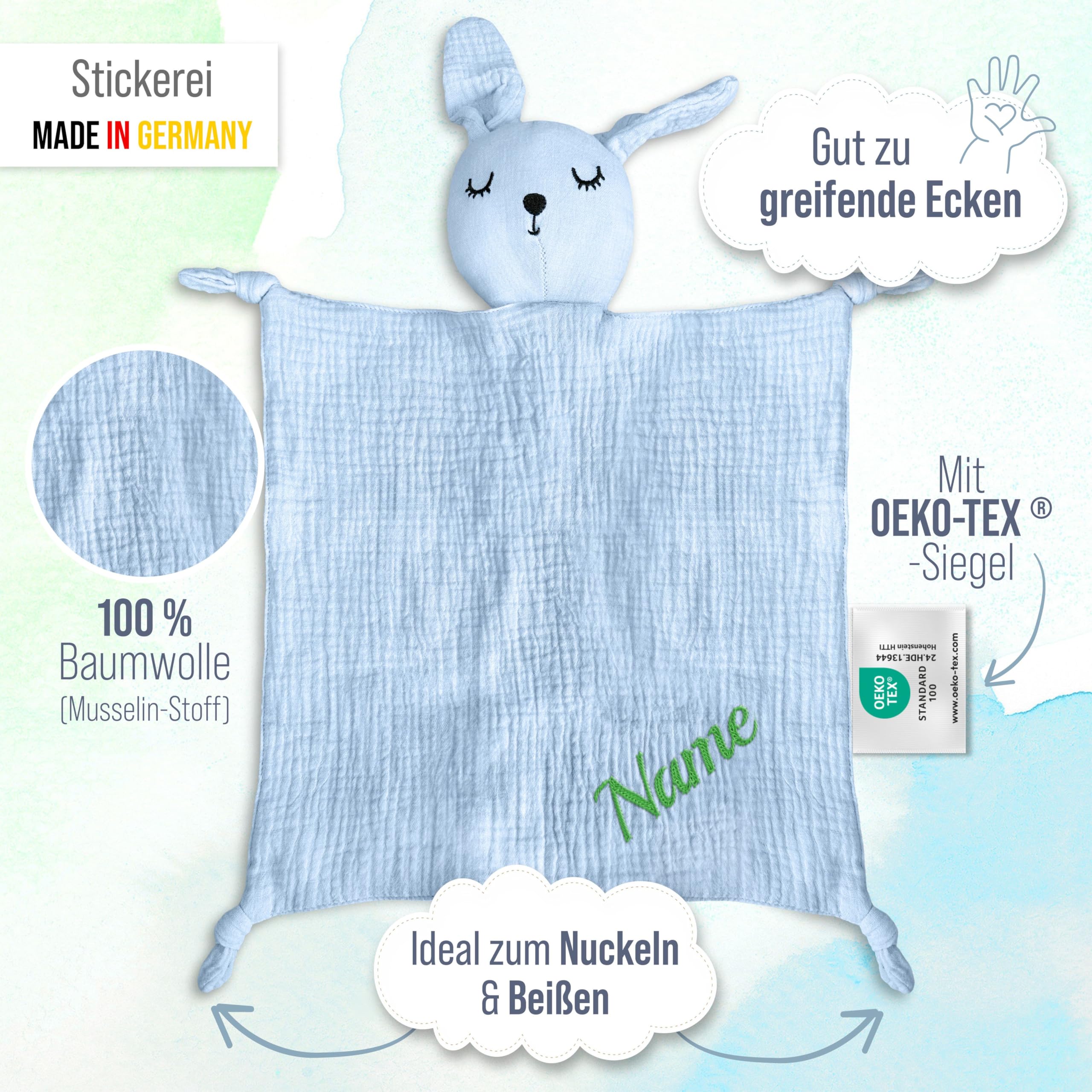 Newborn - Set regalo personalizzato per neonati in morbida mussola (azzurro, personalizzato) con nome ricamato, Oeko-TEX® Standard 100, 3 pezzi